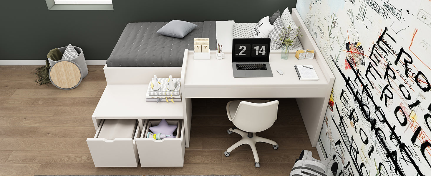 Logidon kinderbed 90x200 massief hout wit met bureau en opbergruimte