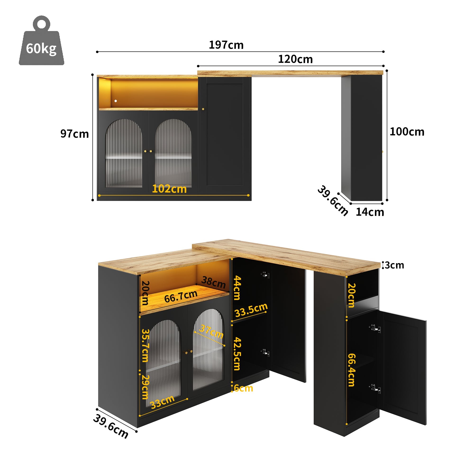 Logidon Draaibare Bartafel Mat Zwart 198x39x97 cm Met LED Glazen Deur
