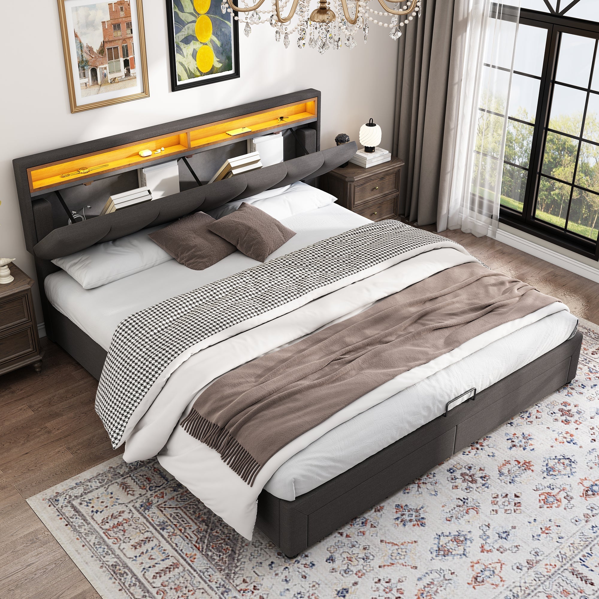 Logidon upholstered bed LED lighting hydraulic storage space 180x200 gray