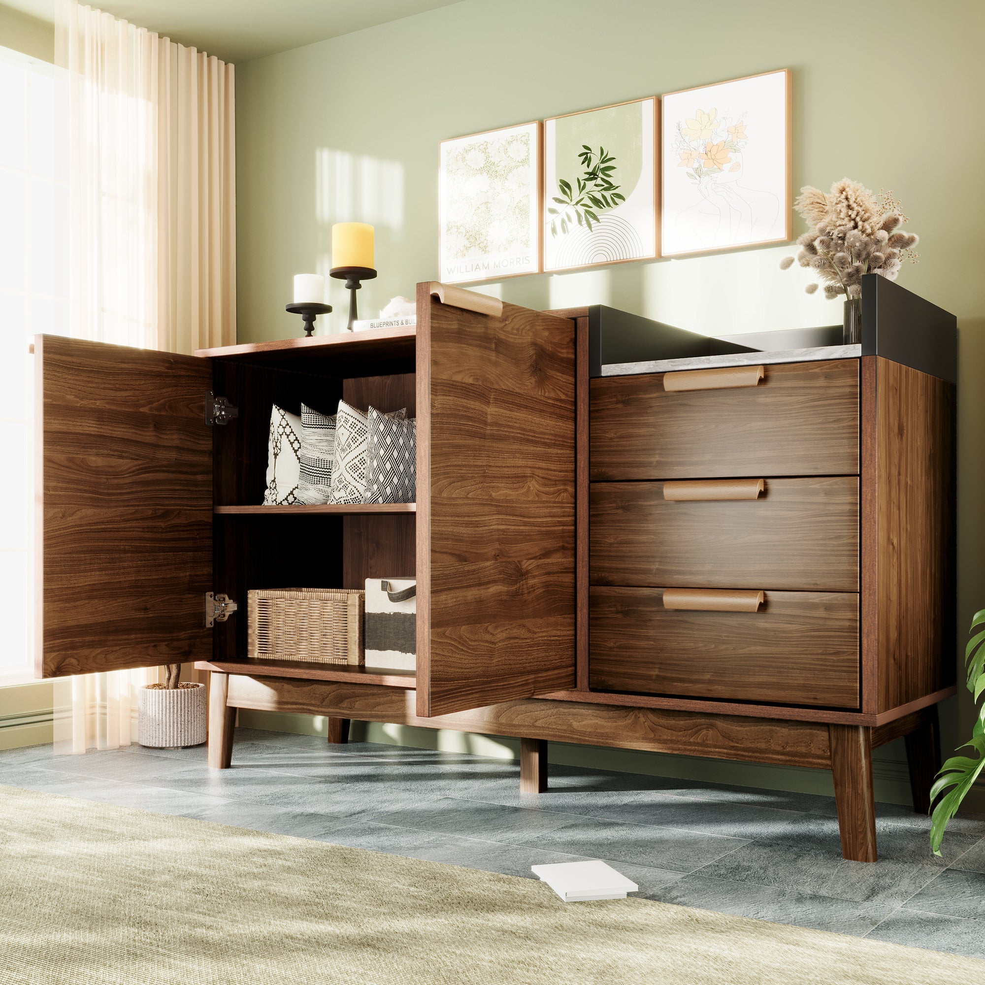Logidon woonkamer ladekast eiken decor marmerlook blad 3 lades