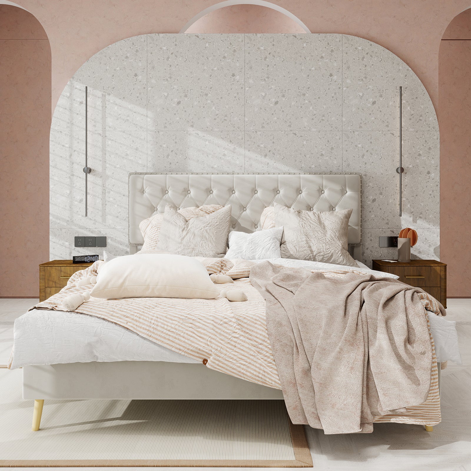 Logidon bed 160x200 platformbed met hoofdeinde van beige stof