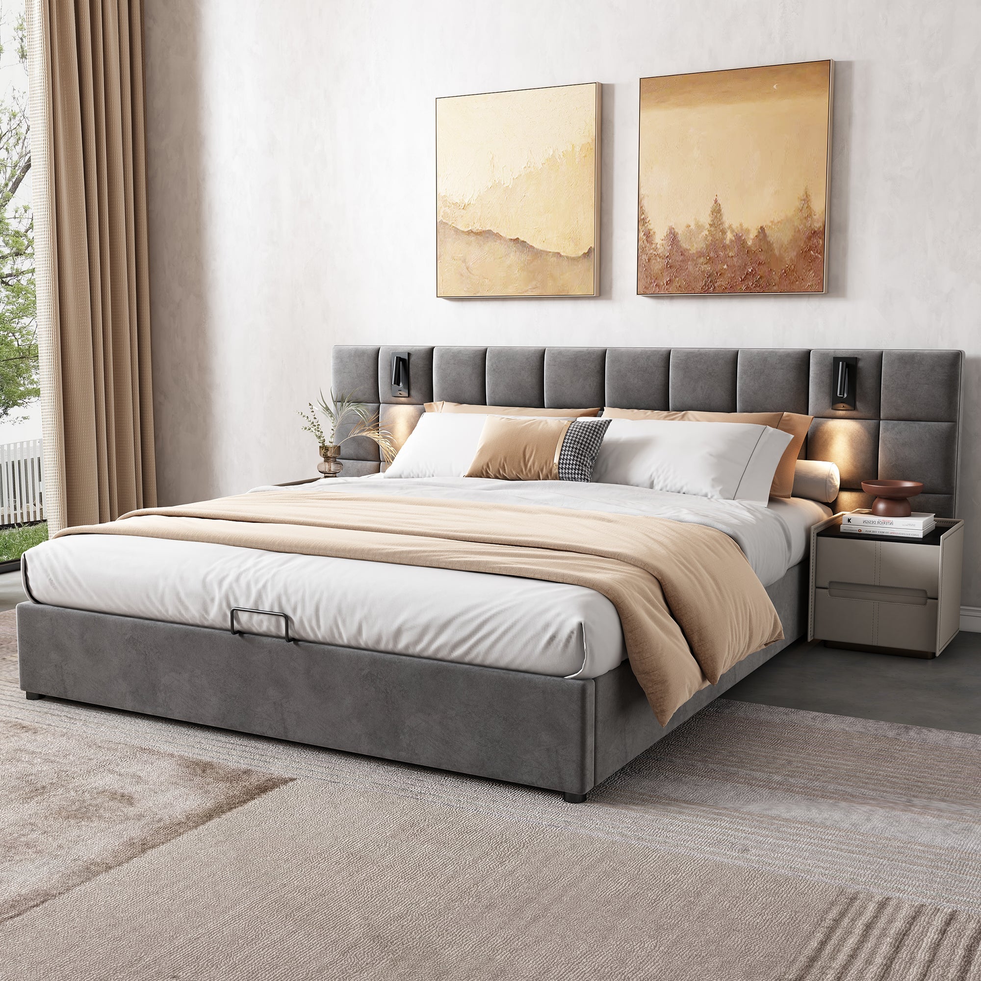 Logidon Gestoffeerd bed met opbergruimte en leeslamp USB Grijs 180x200 cm