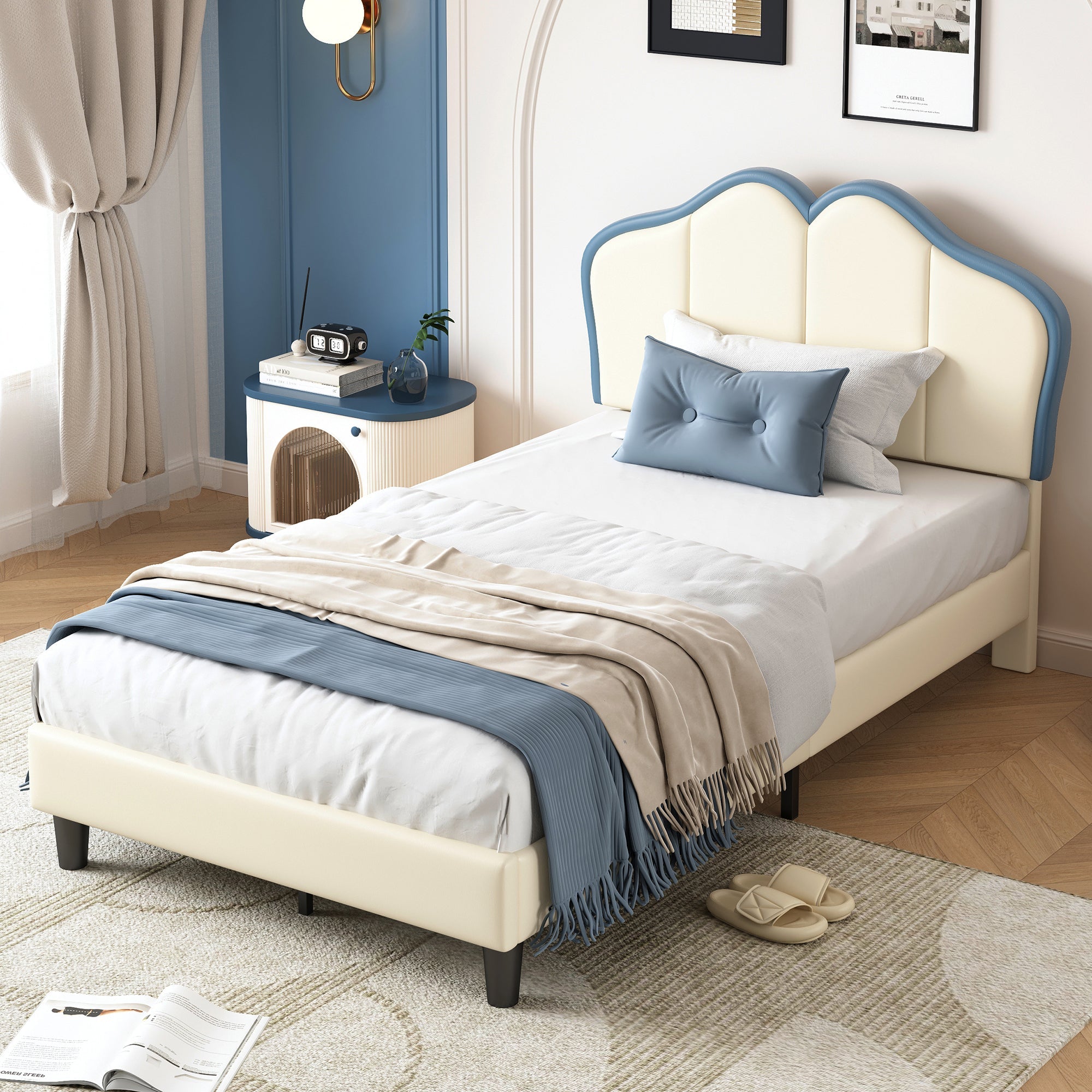 Logidon gestoffeerd bed 90x200 kinderbed wit blauw met zachte beschermranden