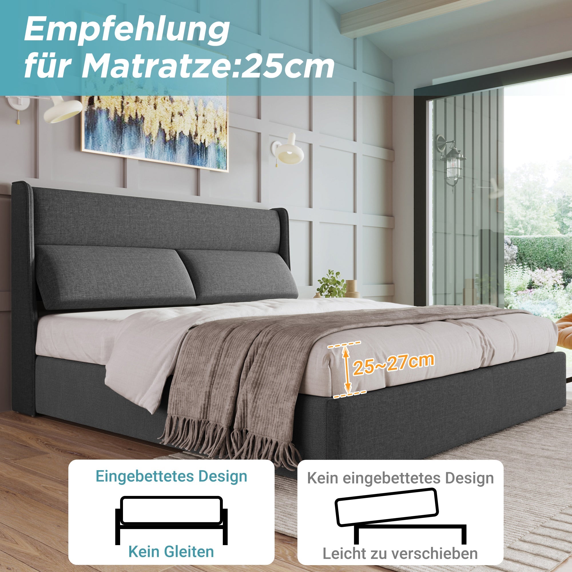 Logidon gestoffeerd bed 180x200cm verstelbare hoofdsteunen met opbergruimte