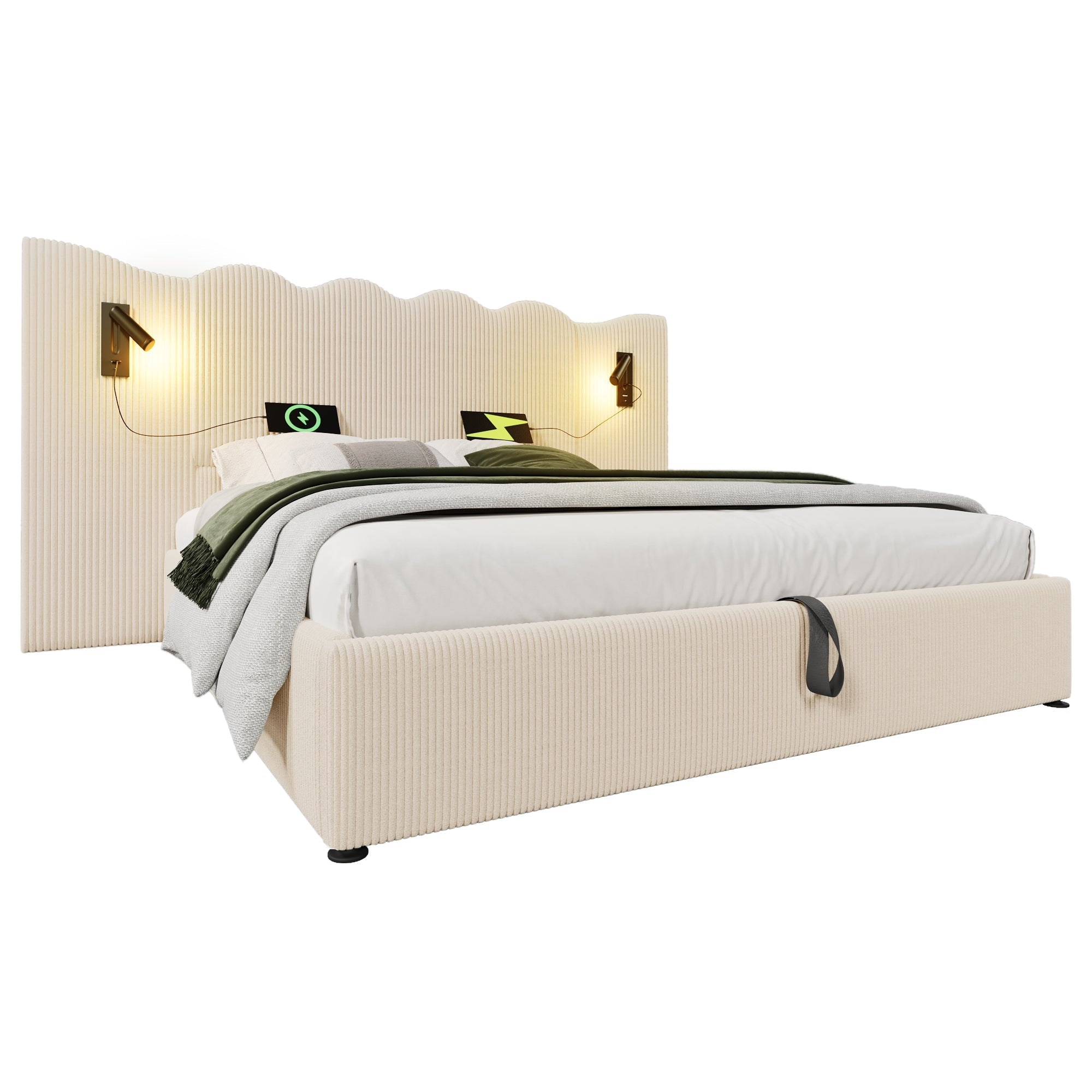 Logidon gestoffeerd bed tweepersoonsbed 180x200 beige-wit leeslamp USB-C opladen