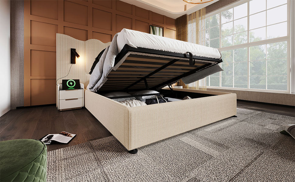 Logidon upholstered bed 160x200 beige with reading lamp USB charging function