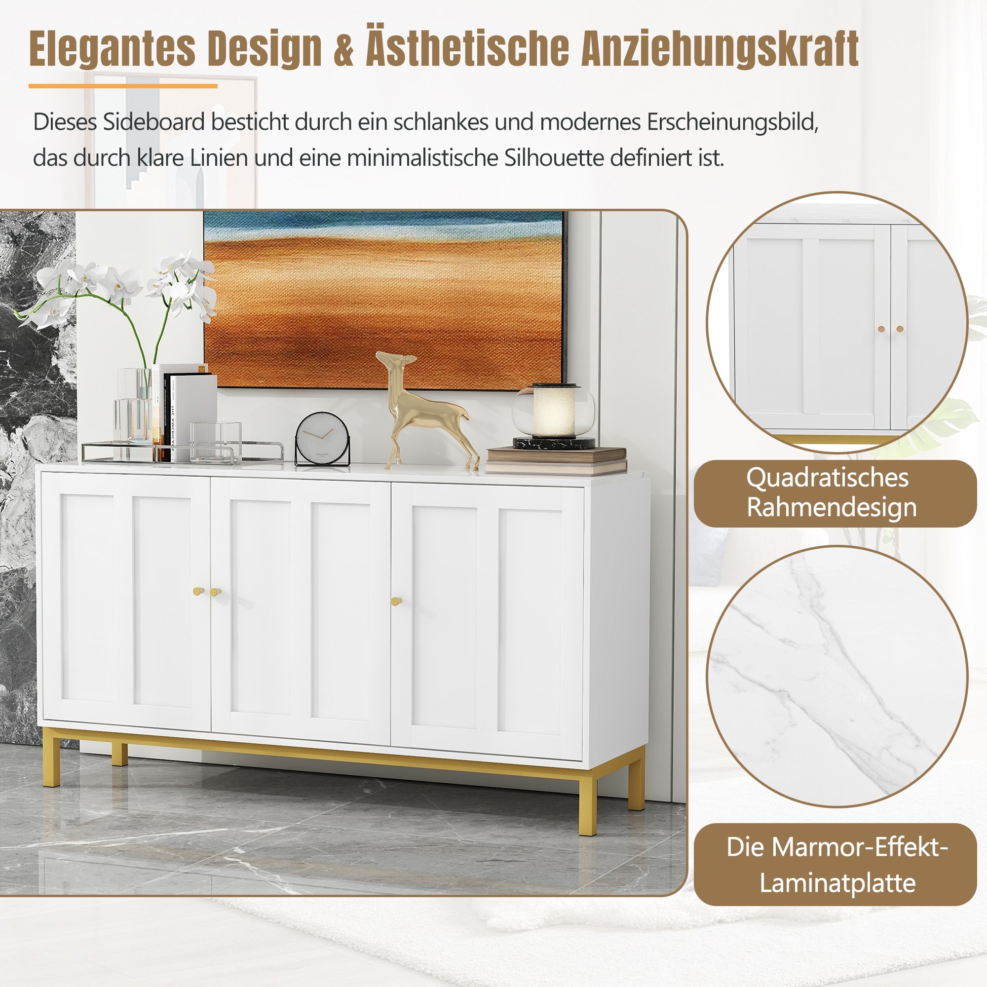 Logidon sideboard 3 doors with marble table top white 140 cm