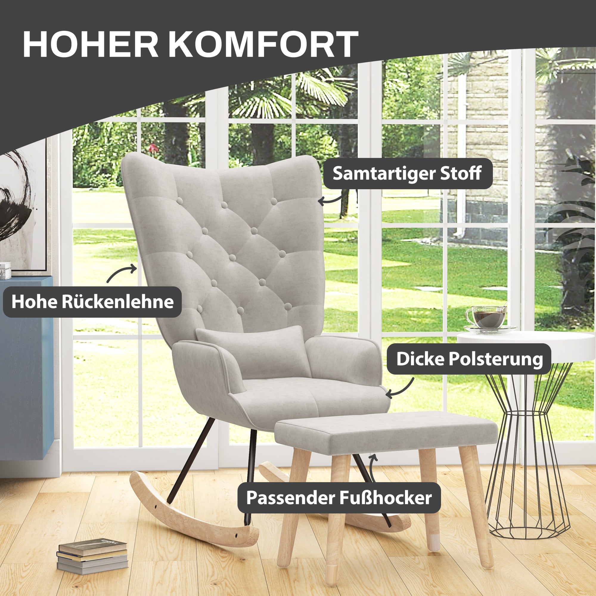 Logidon schommelstoel met kruk crème wit fluwelen look