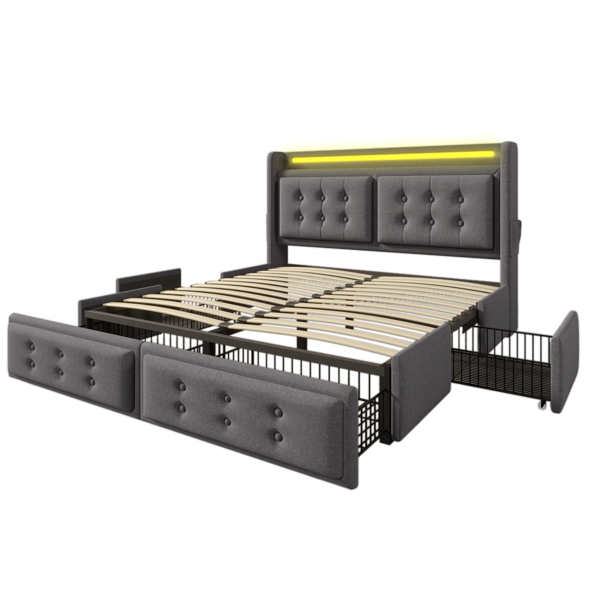 Logidon gestoffeerd bed 140x200 LED-hoofdeinde, USB-C, 4 laden, grijs