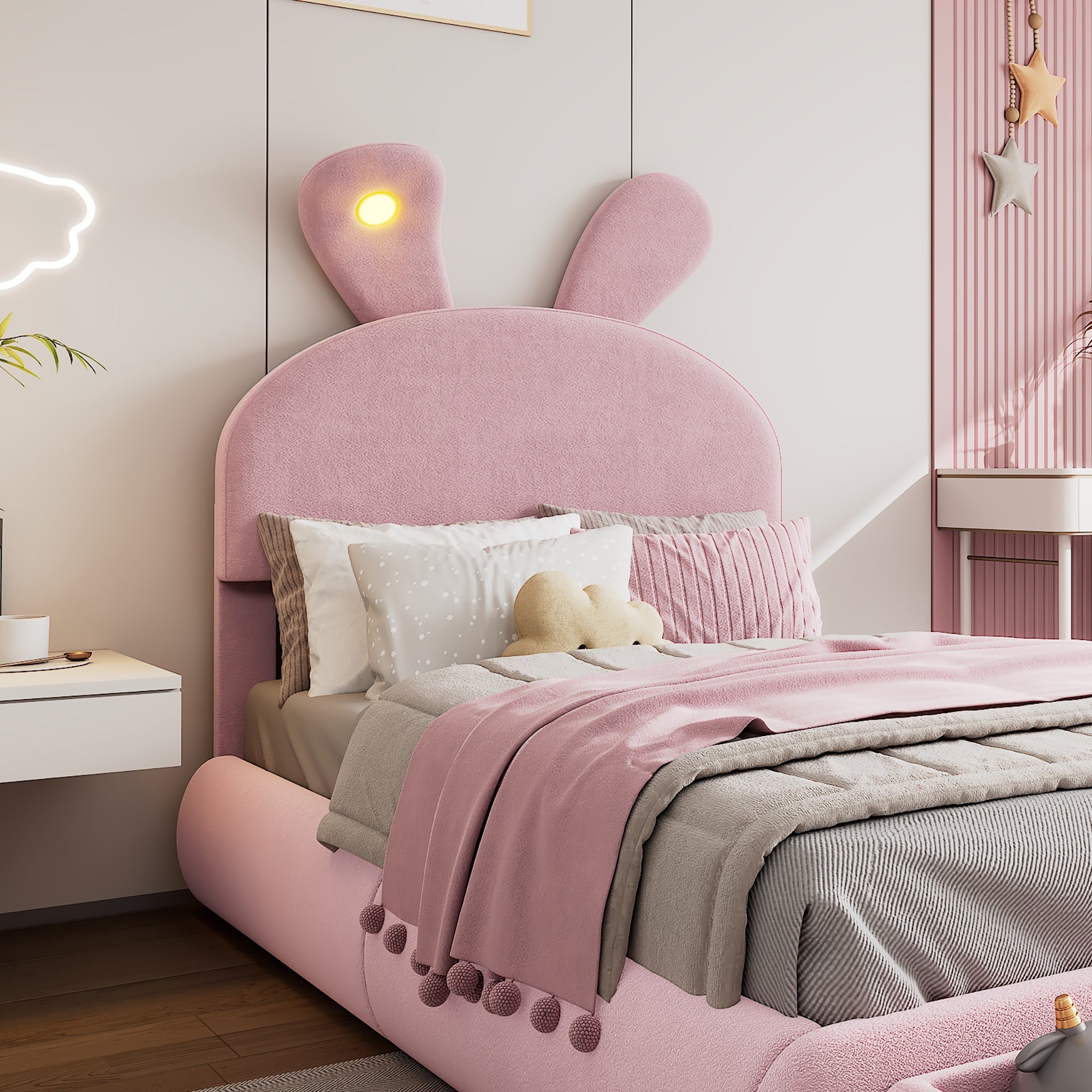 Logidon Upholstered Bed Rabbit Ears Pink 90x200 cm With Adjustable Brightness