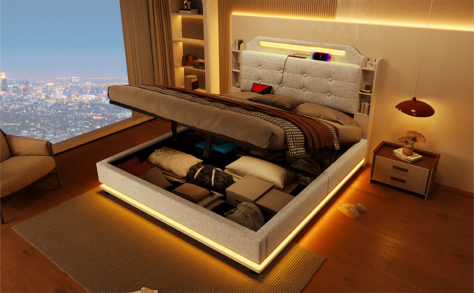 Logidon gestoffeerd bed 140x200 beige met LED lichtstrip en opbergruimte