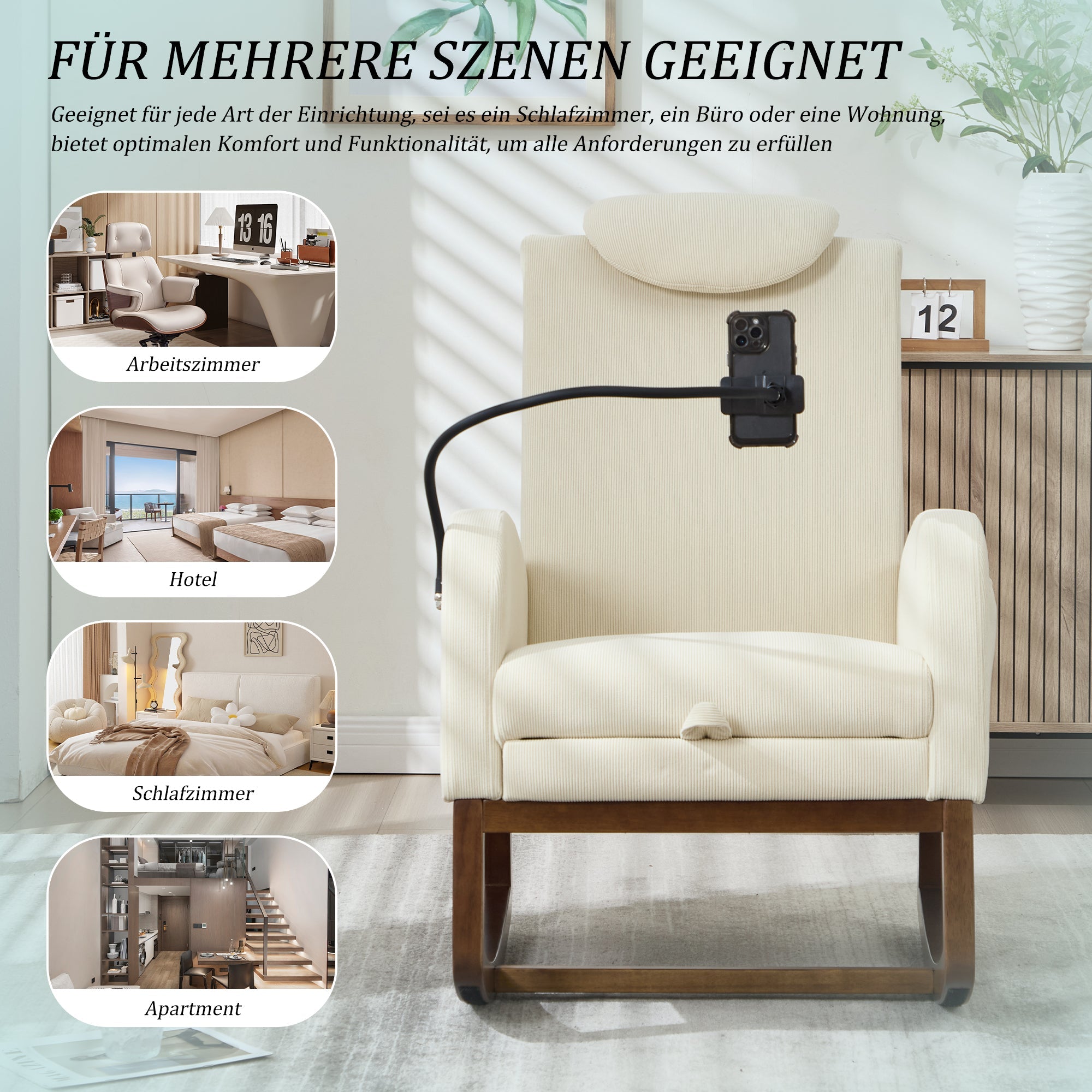 Logidon Multifunctionele Schommelstoel Beige Koordhoes Hoofdsteun