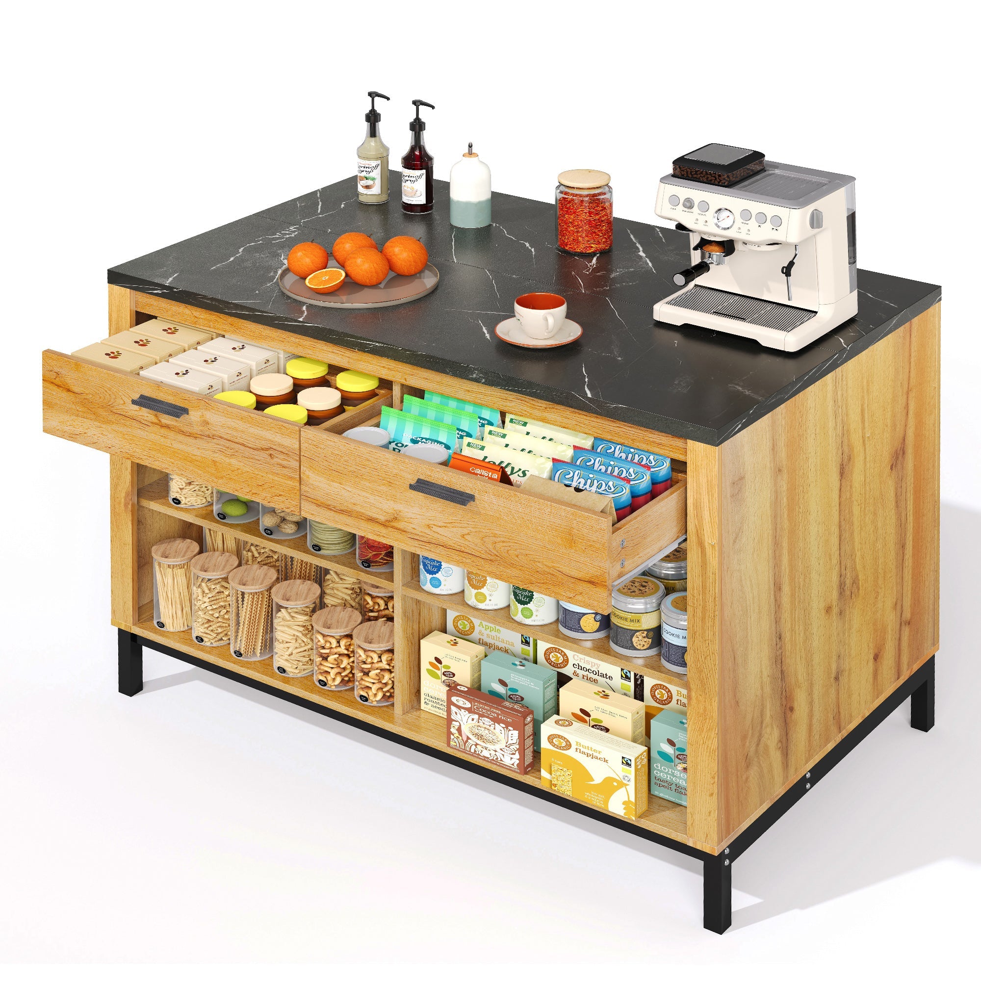 Logidon kitchen island country house style 120x75x90 cm with 2 drawers and 4 shelves