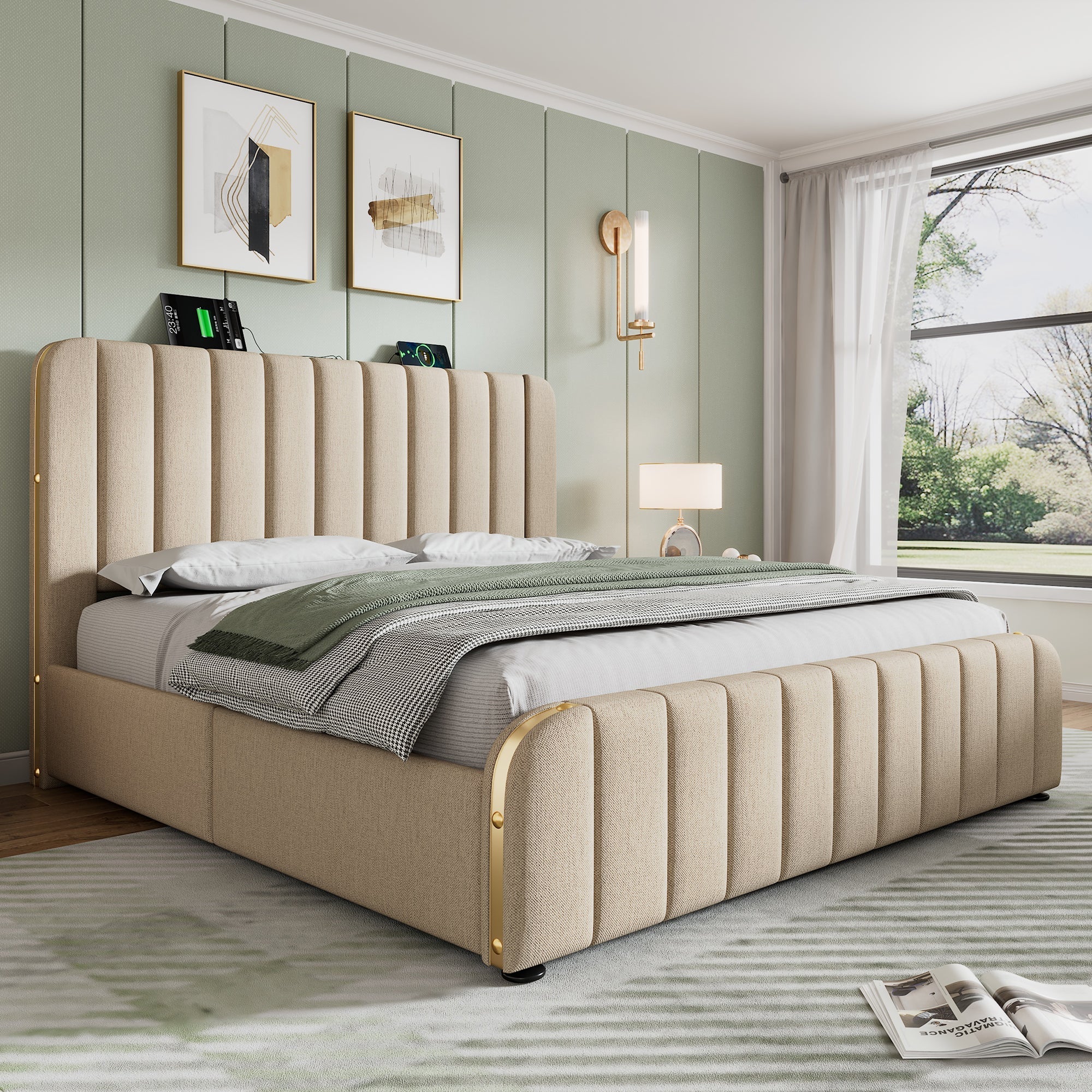 Logidon upholstered bed beige linen with USB Type C charging function 180x200 cm