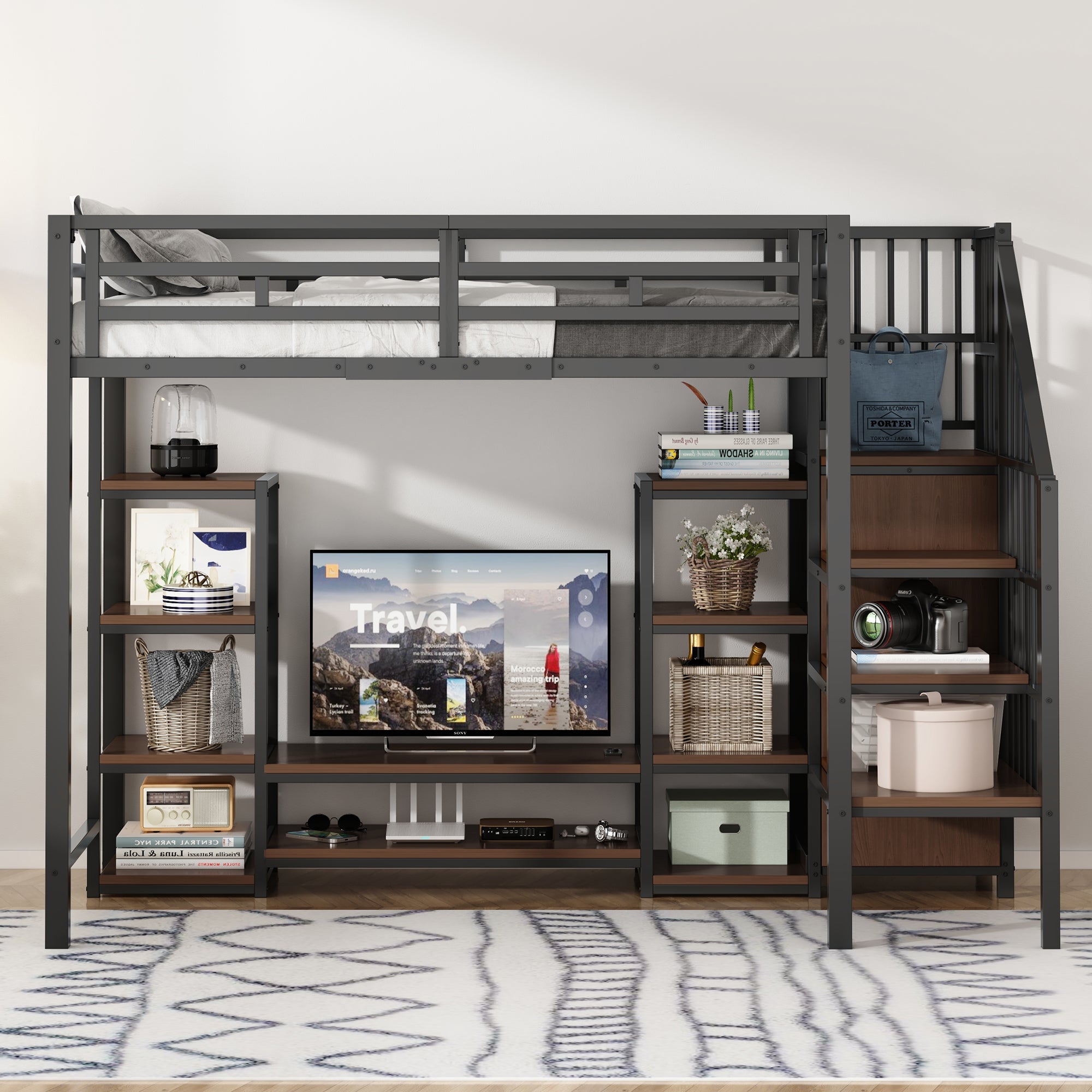Logidon hoogslaper 90x200 met tv-meubel en stopcontact zwart