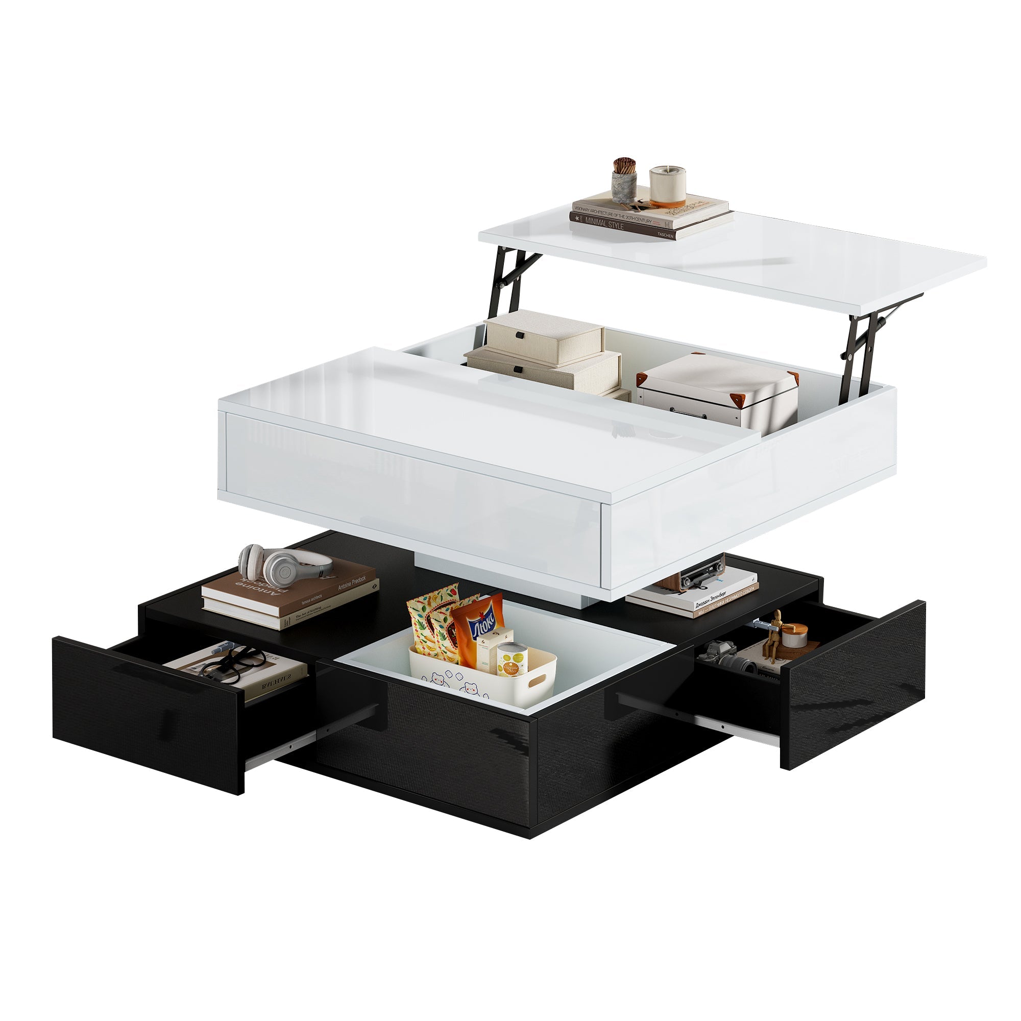 Logidon salontafel 70x70 hefblad 360 graden draaibaar 3 lades wit