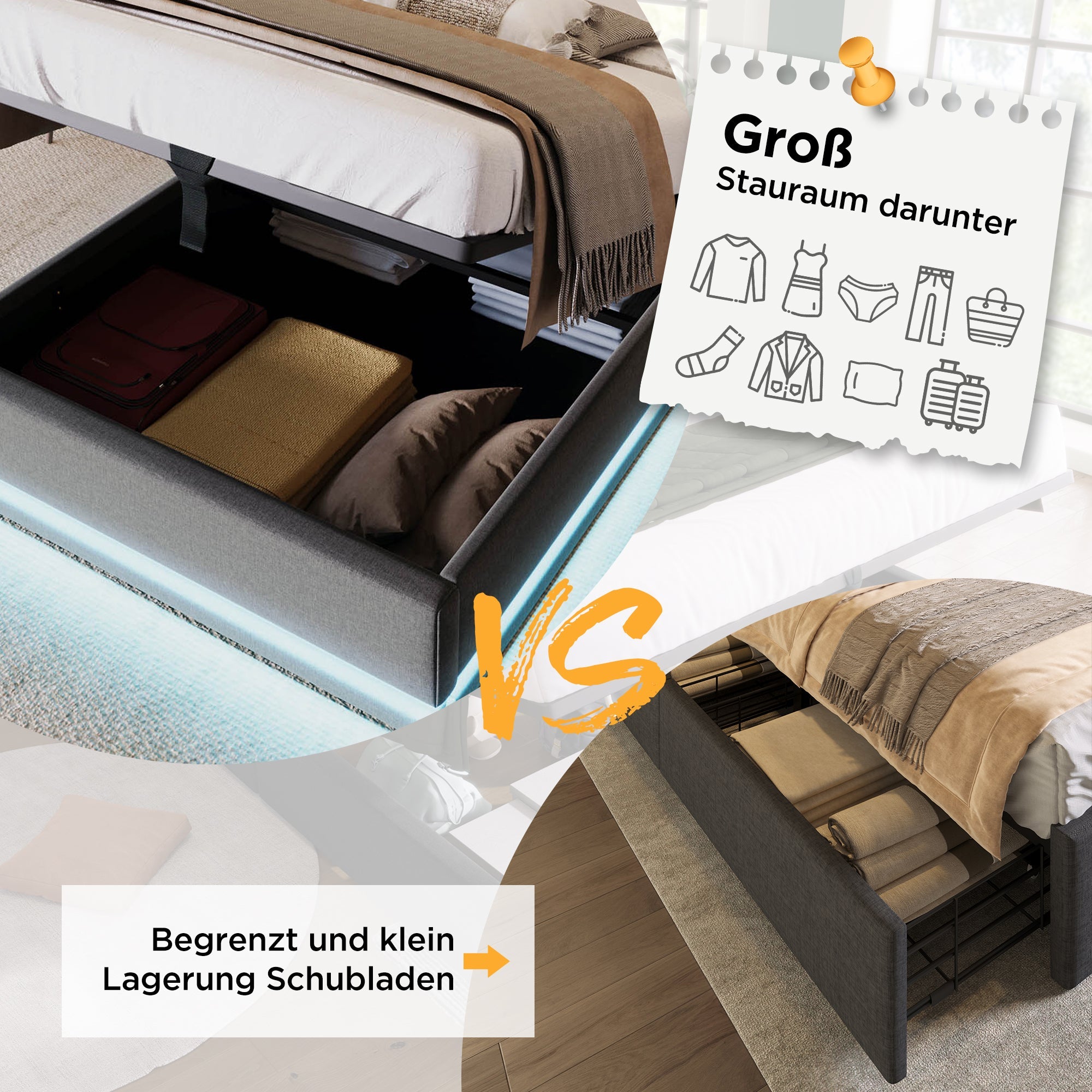 Logidon gestoffeerd bed 90x200 cm grijs met opbergruimte USB C oplaadfunctie LED