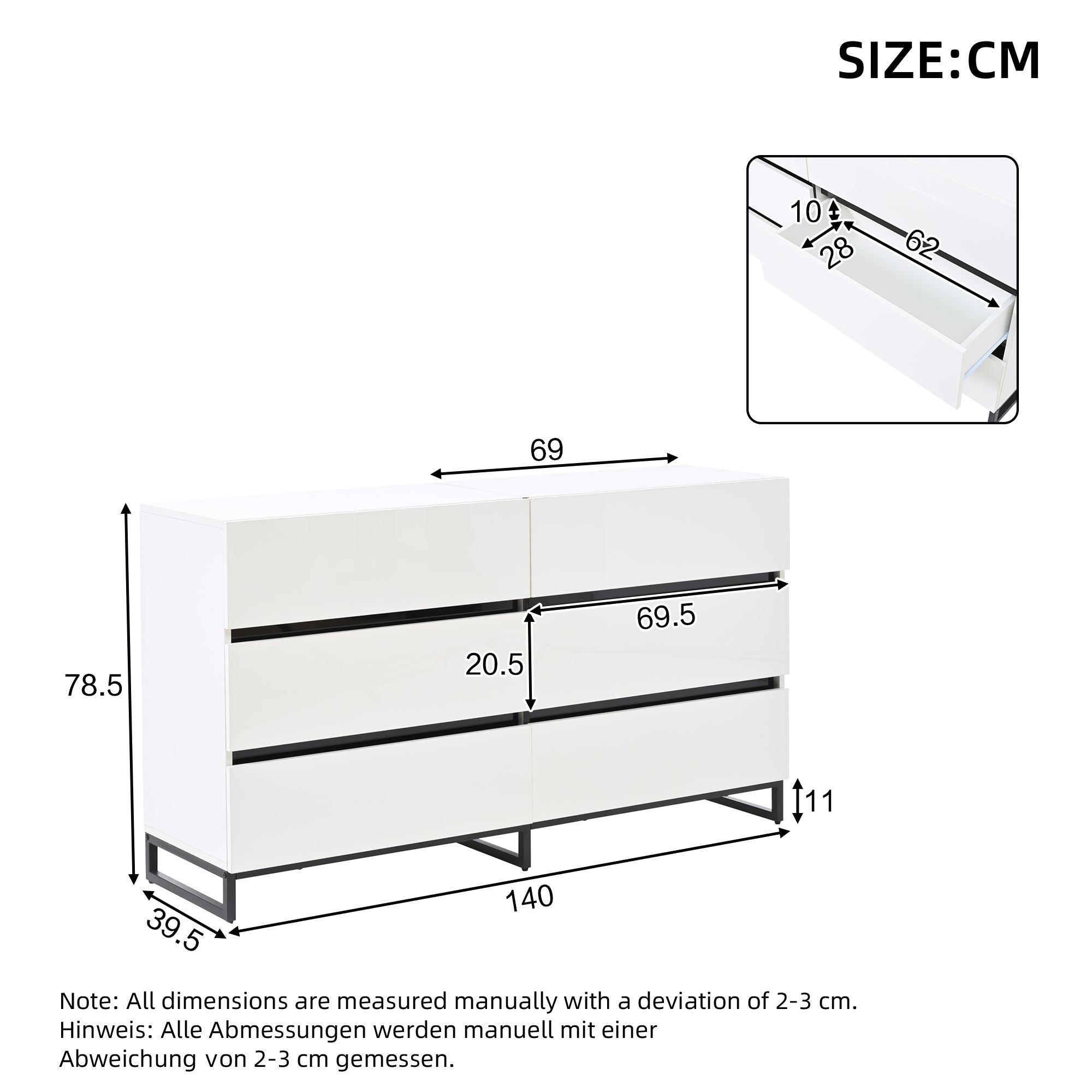 Logidon dressoir 140 cm hoogglans wit zwart met 6 lades
