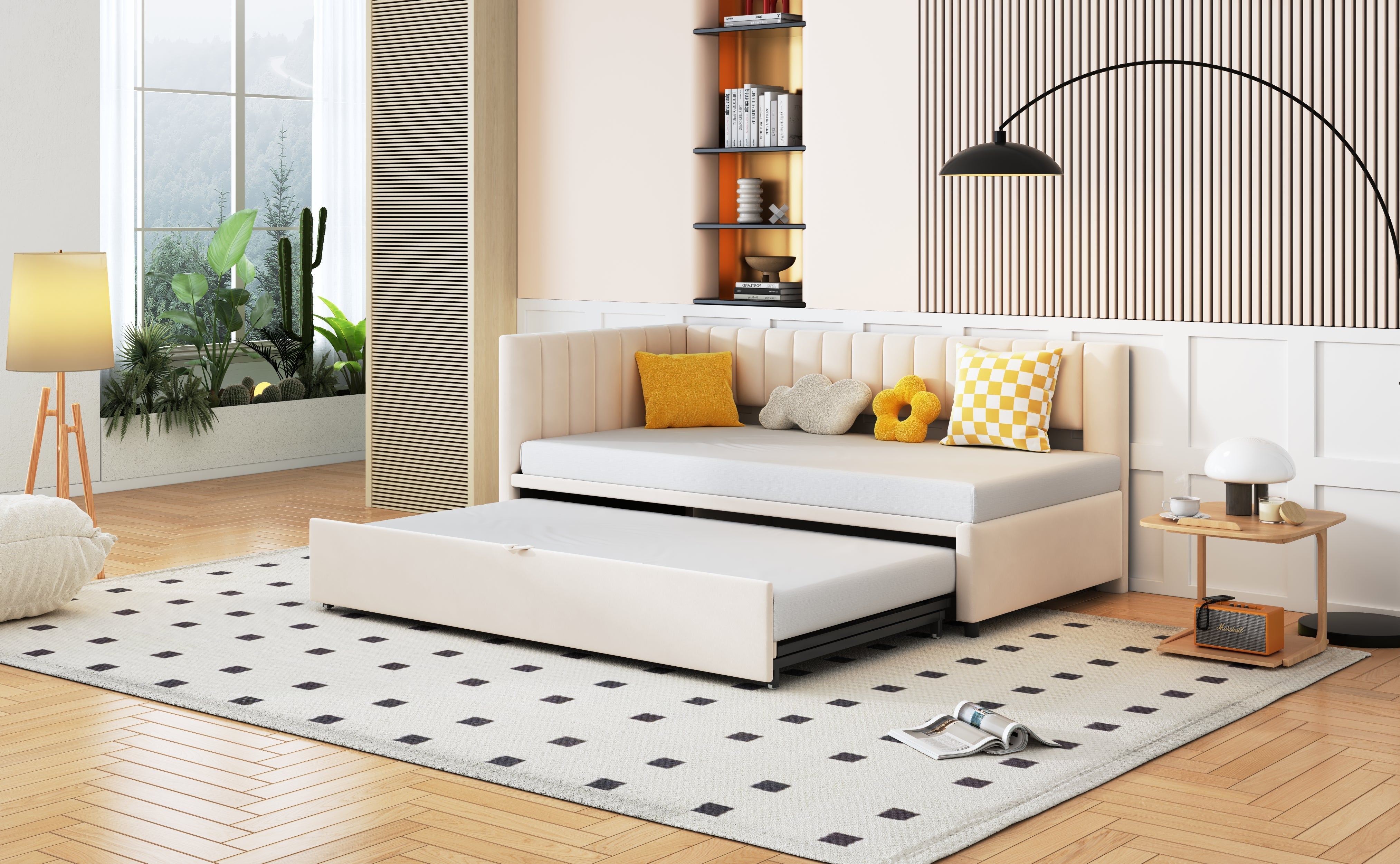 Logidon sofa bed L-shape beige velvet pull-out bed 90/180x200
