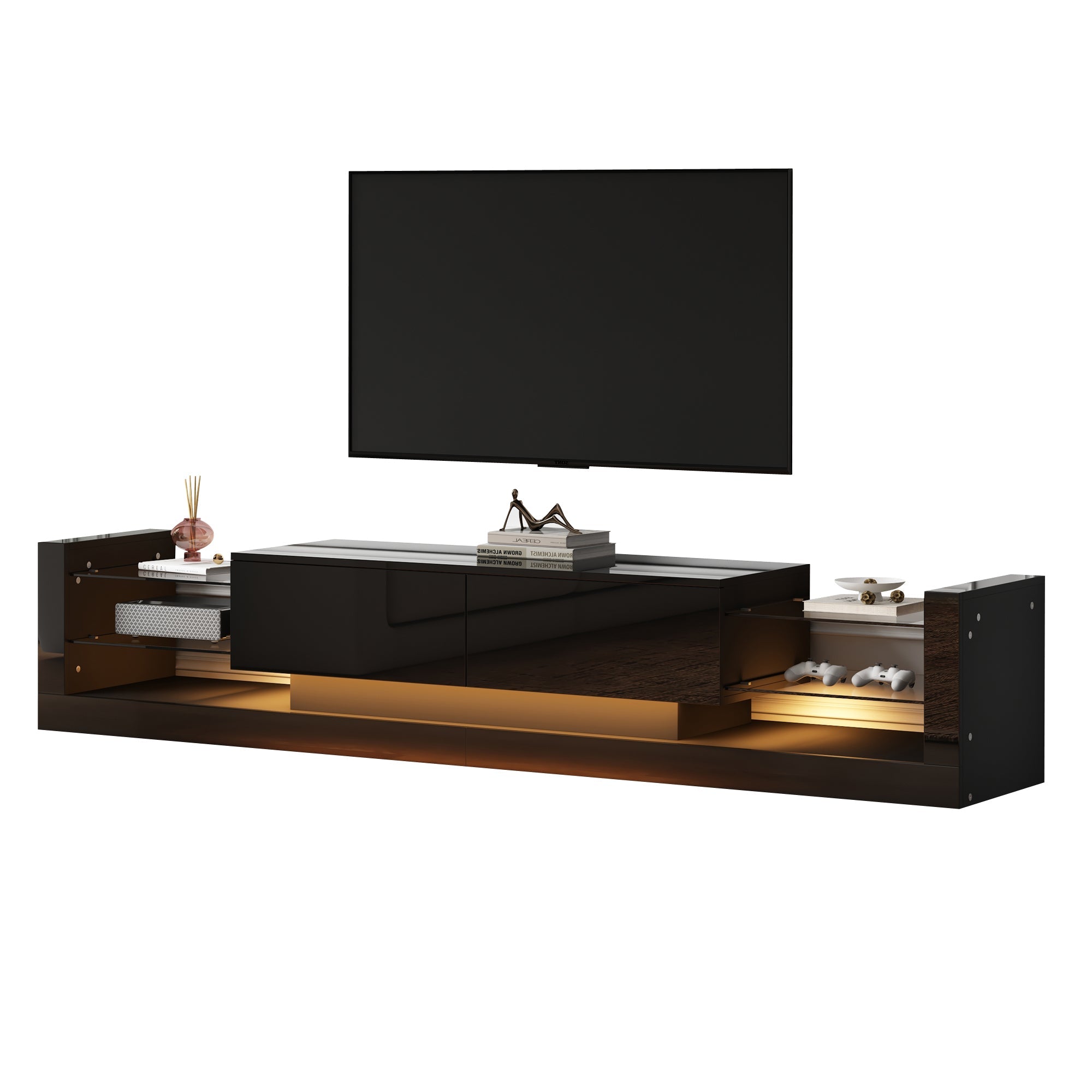 Logidon high-gloss TV cabinet 181 cm LED lighting black glass front