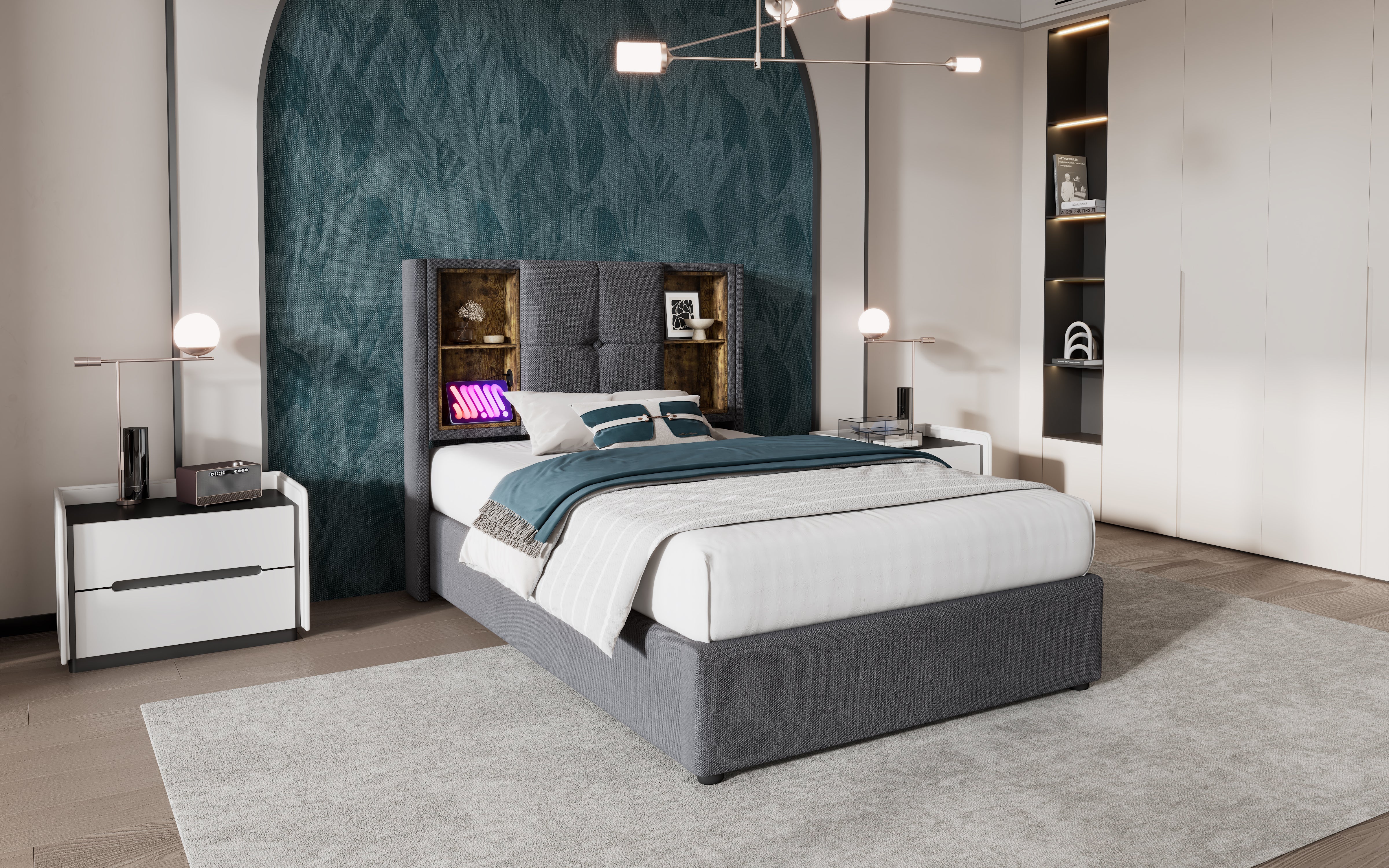 Logidon gestoffeerd bed 90x200 cm grijs met draadloos opladen USB C en opbergruimte