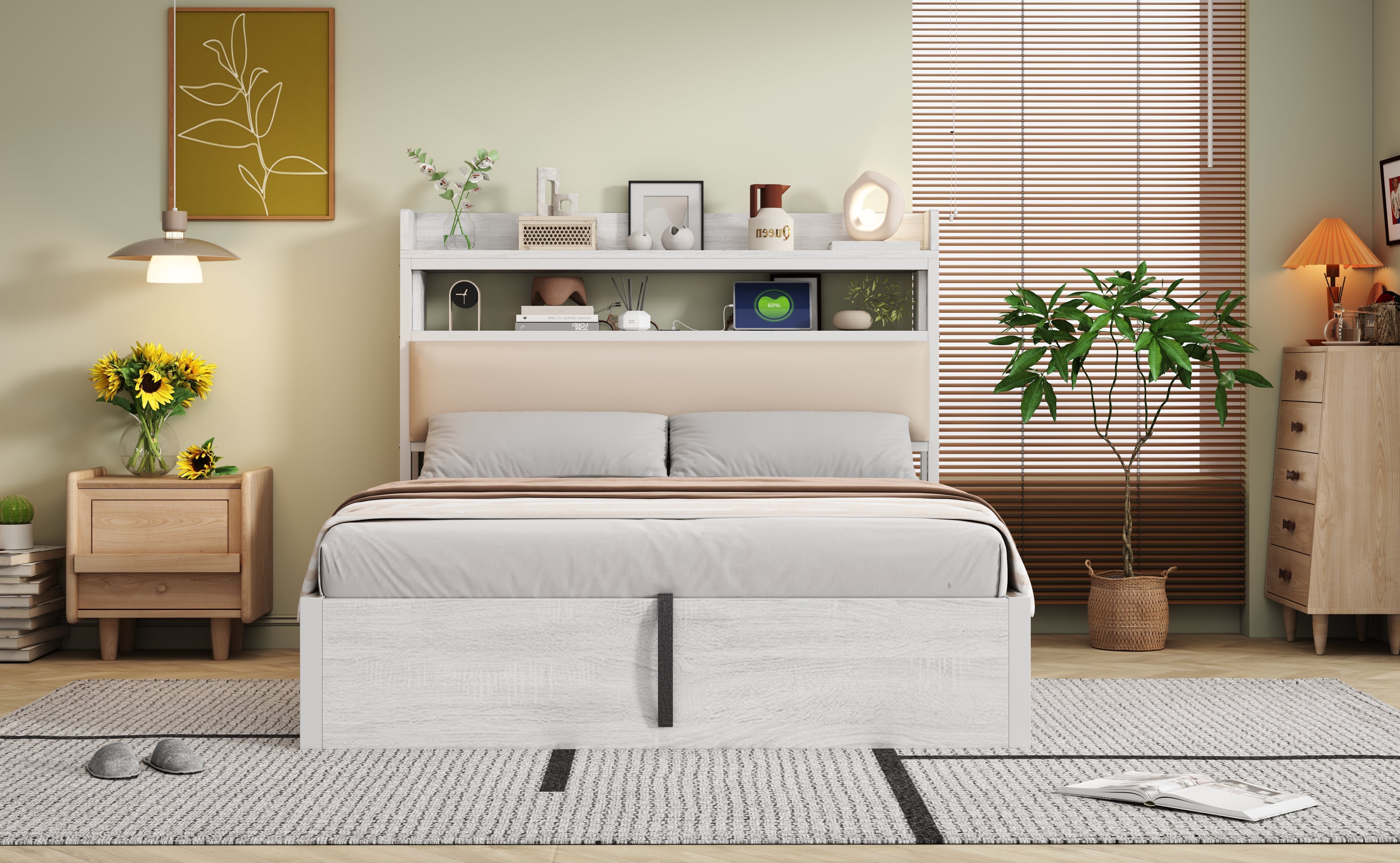 Logidon bedframe 140x200 cm met hydraulische opbergruimte USB hoofdbord wit