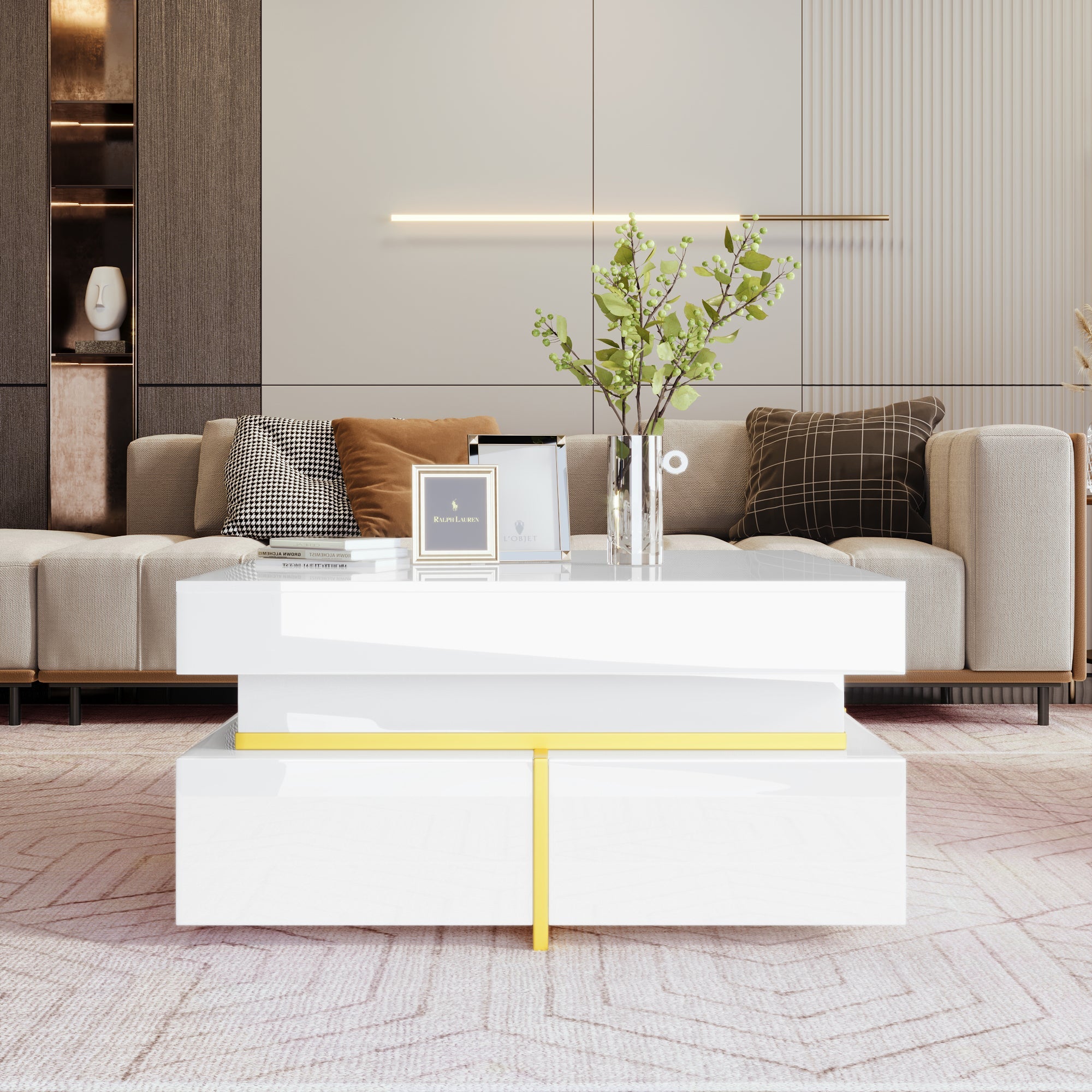 Logidon high gloss coffee table with drawers and gold accents