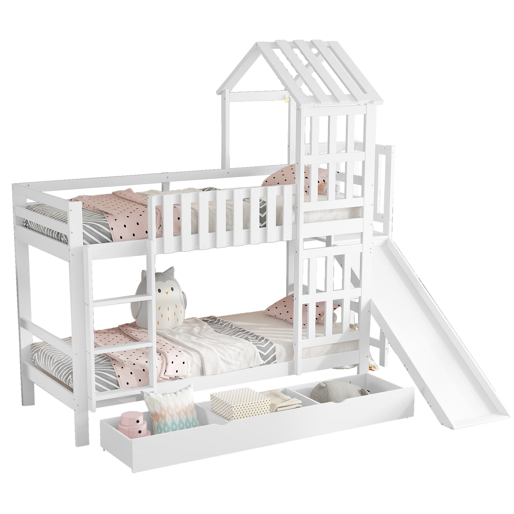 Logidon stapelbed met glijbaan en grote lade 90x200 wit