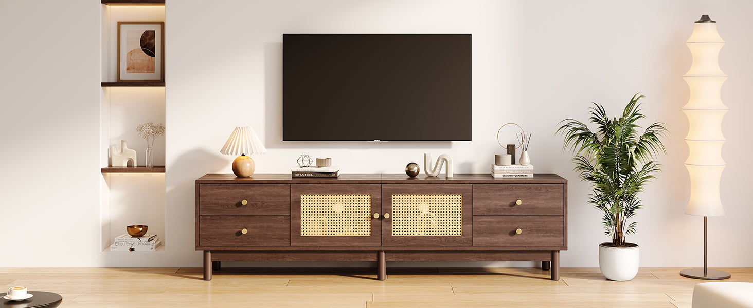 Logidon TV cabinet 180 cm dark wood look rattan doors cable management