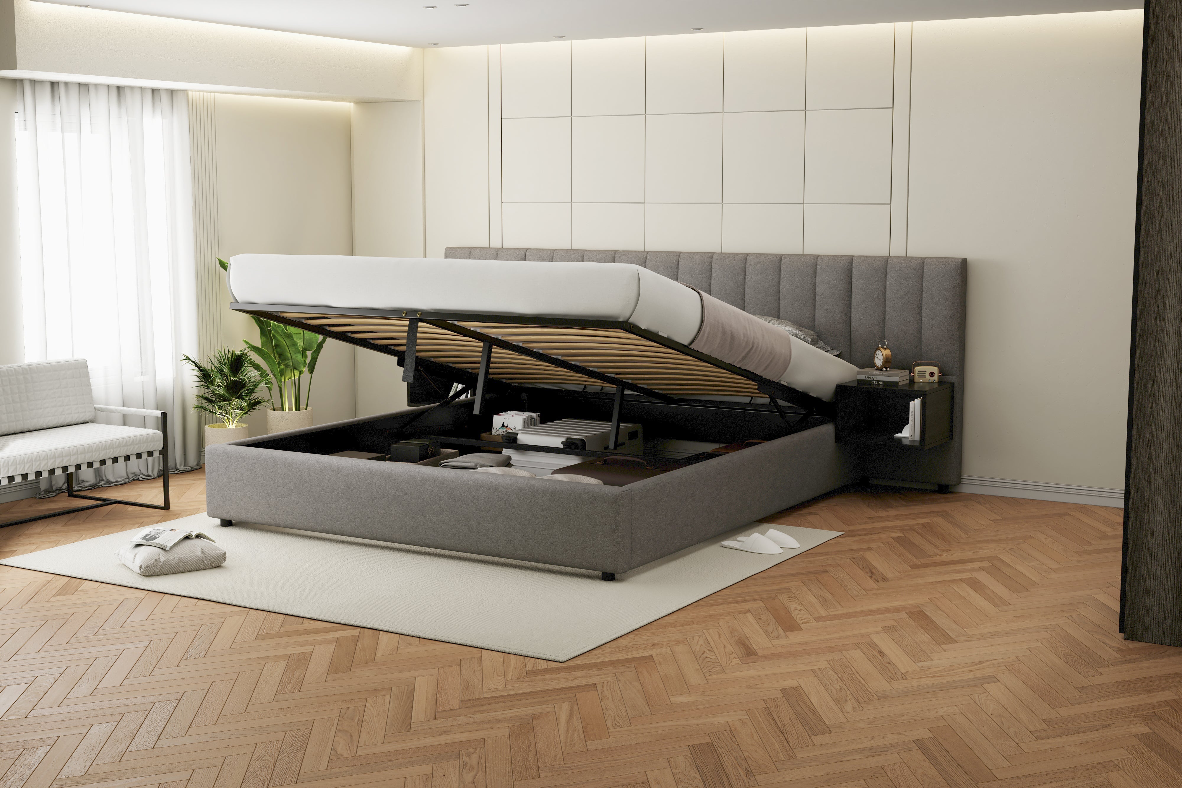 Logidon gestoffeerd bed 180x200 cm grijs zwart met twee nachtkastjes