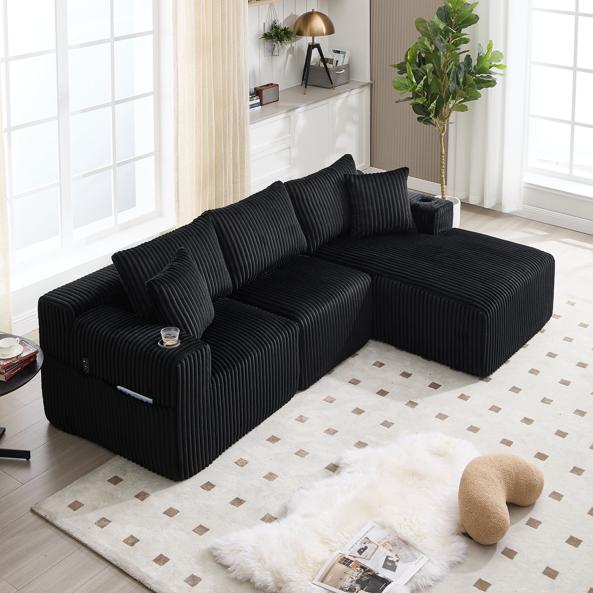 Logidon modulaire bankstel met chaise longue, 2-zitsbank, zwart corduroy