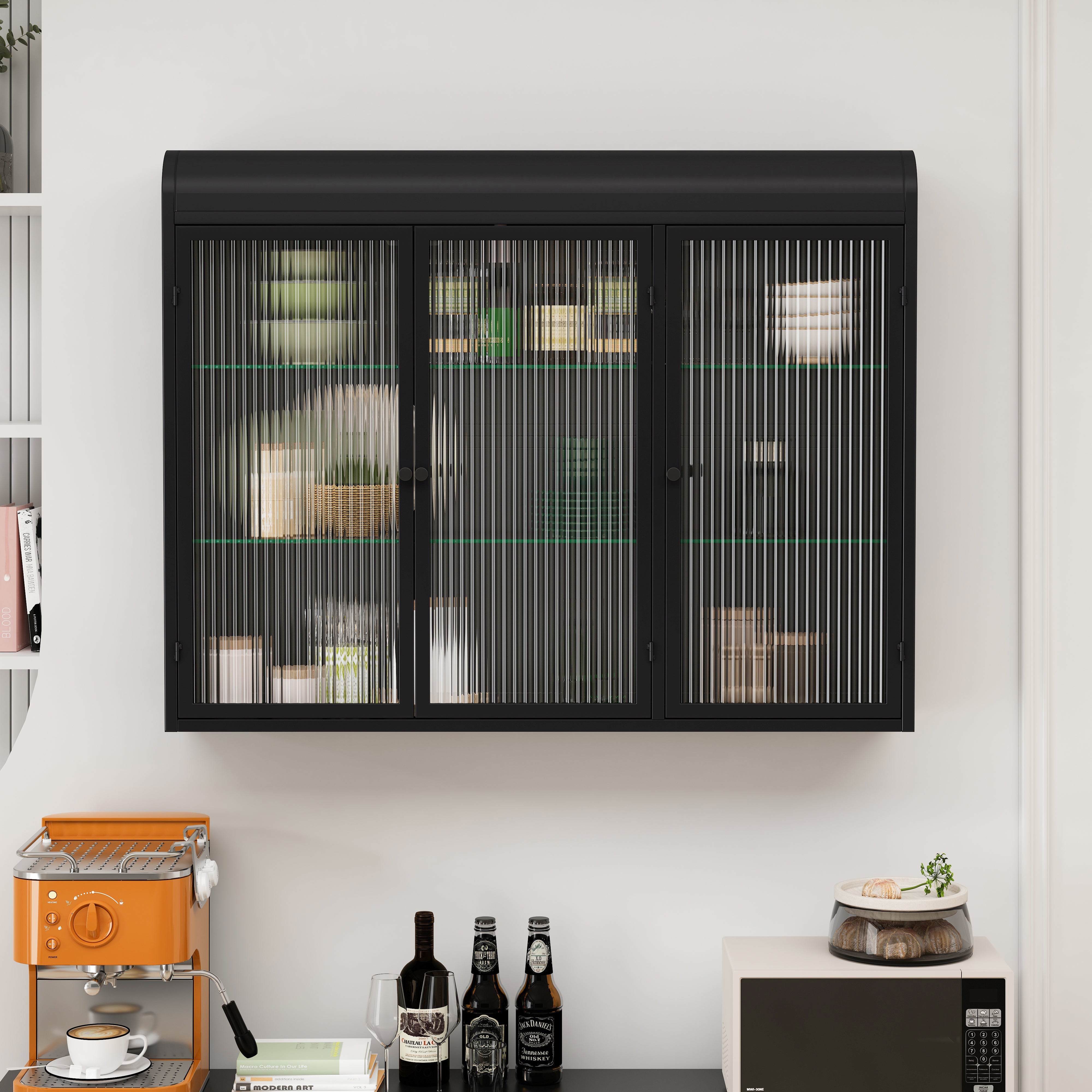 Logidon Driedeurs Glazen Wandvitrinekast Zwart Gebogen Deuren 90 cm