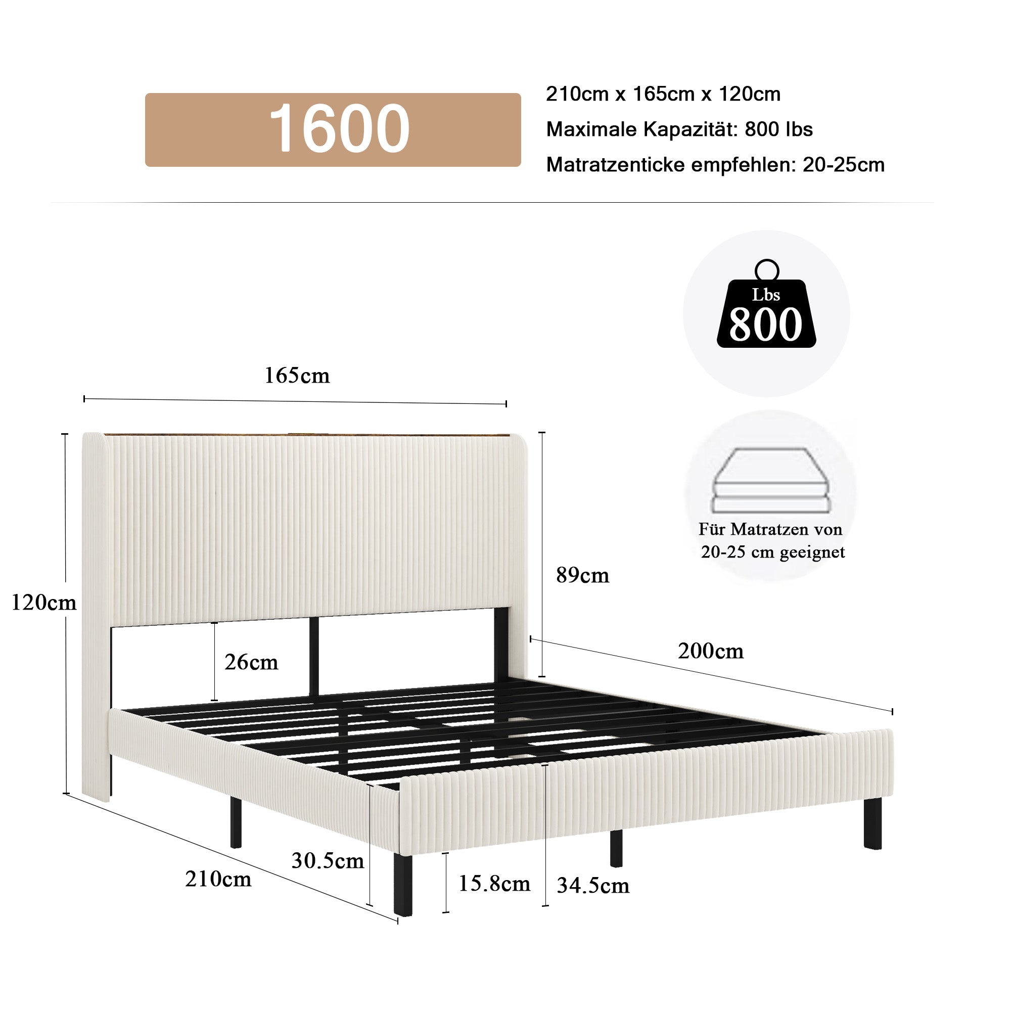 Logidon bedframe 160x200 gewatteerd platformbed, hoofdeinde van beige stof
