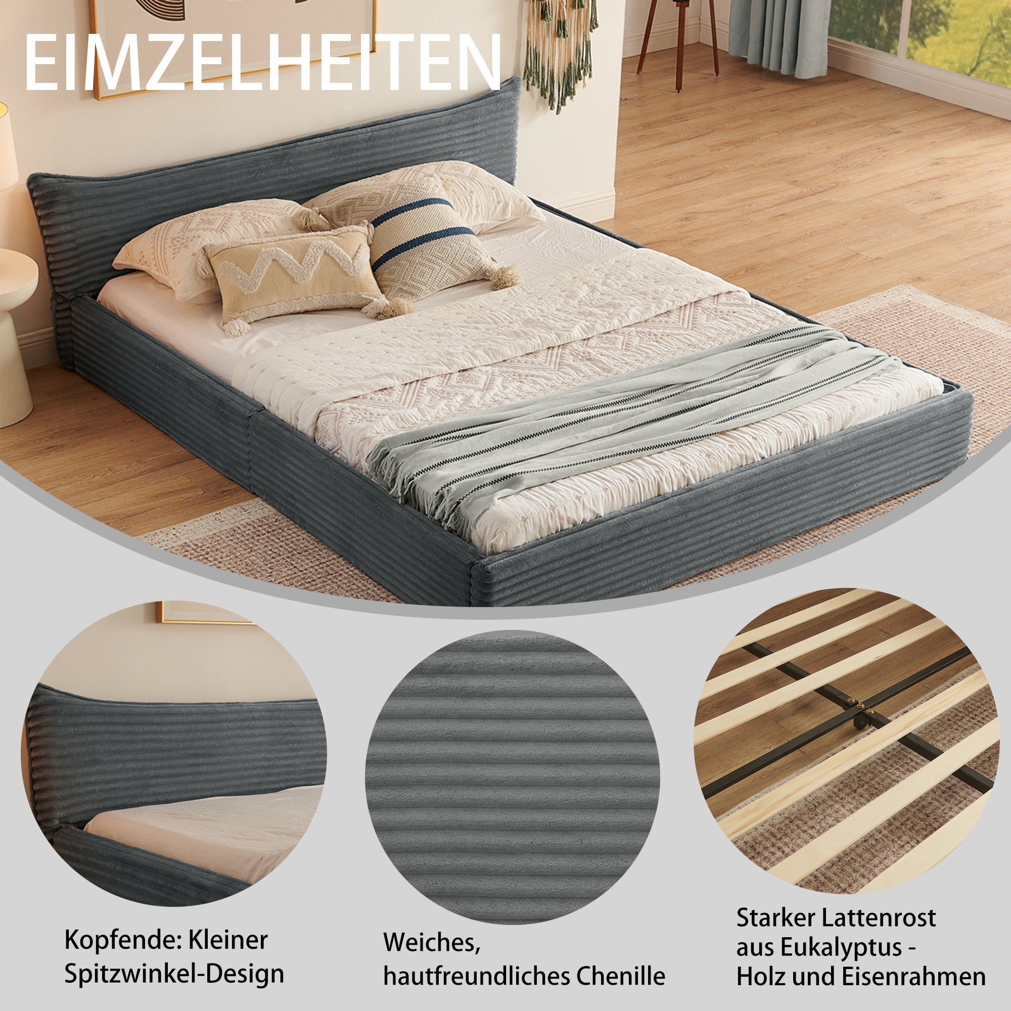 Logidon tweepersoonsbed 160x200 cm Donkergrijze chenille bekleding
