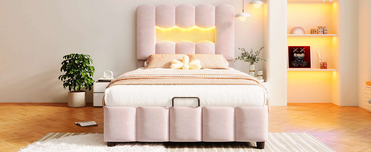 Logidon upholstered bed 90x200 pink velvet LED lighting hydraulic