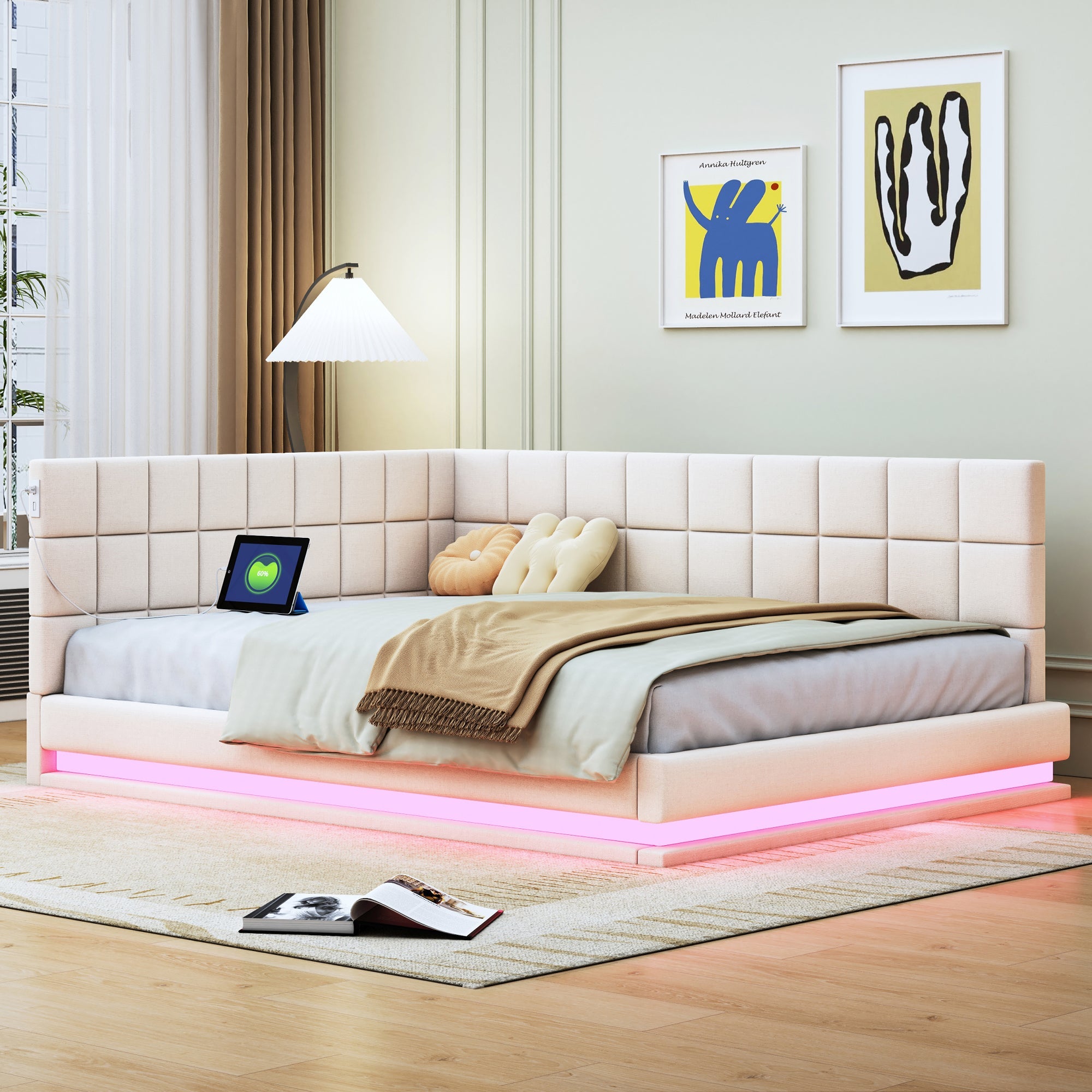 Logidon slaapbank gestoffeerd bed 140x200 beige met LED lichtstrip