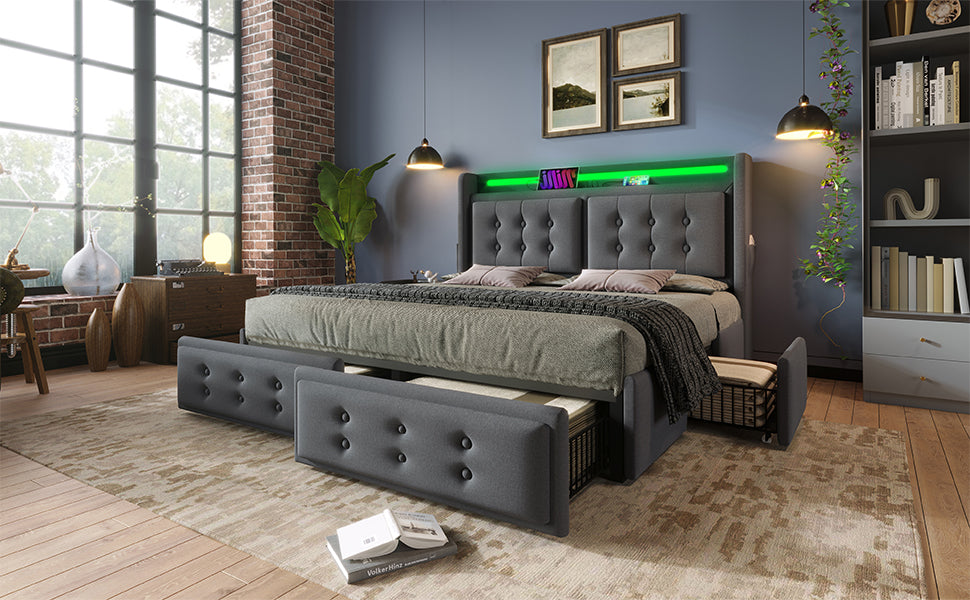 Logidon gestoffeerd bed 160x200 grijs met LED hoofdbord USB-C