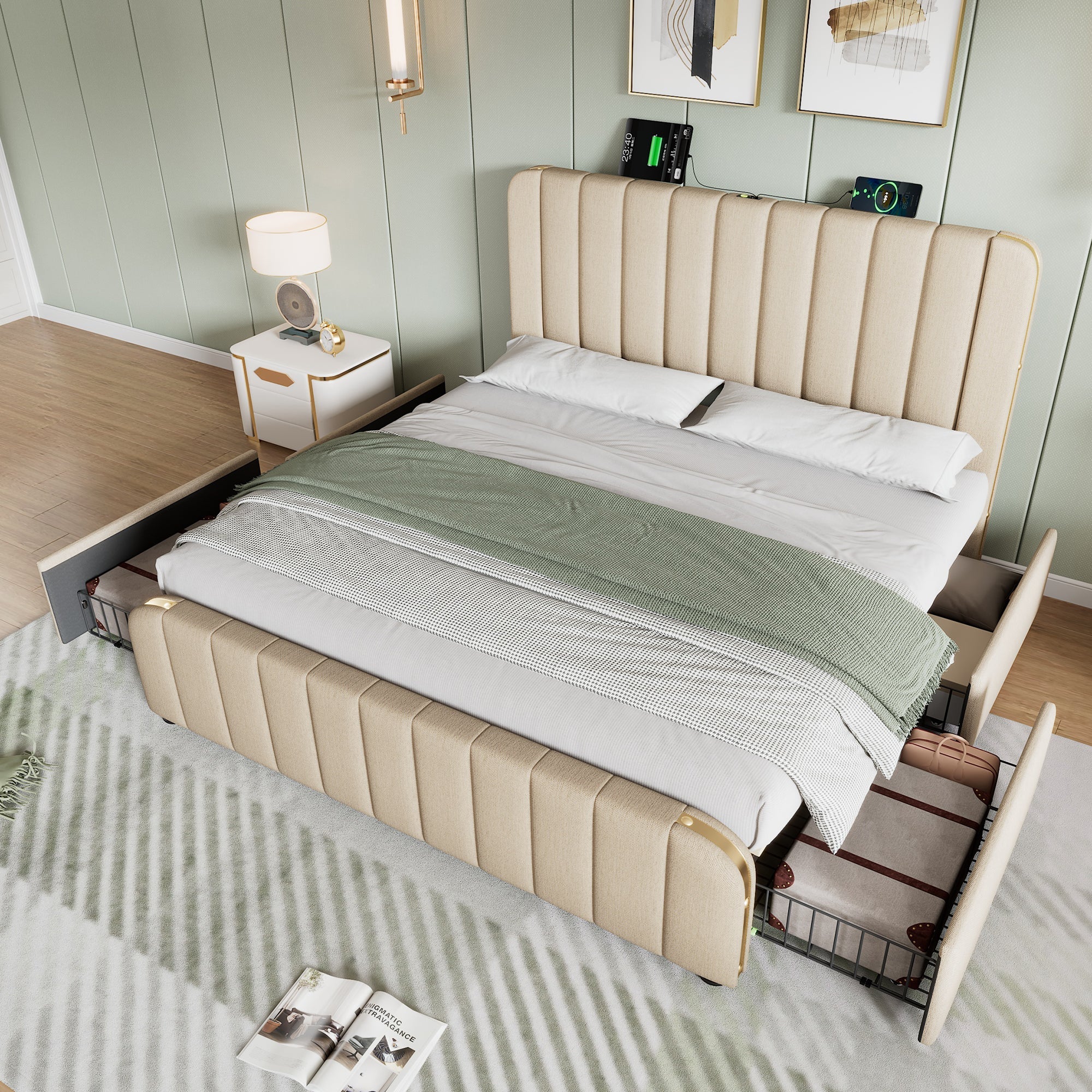 Logidon upholstered bed beige linen with USB Type C charging function 180x200 cm