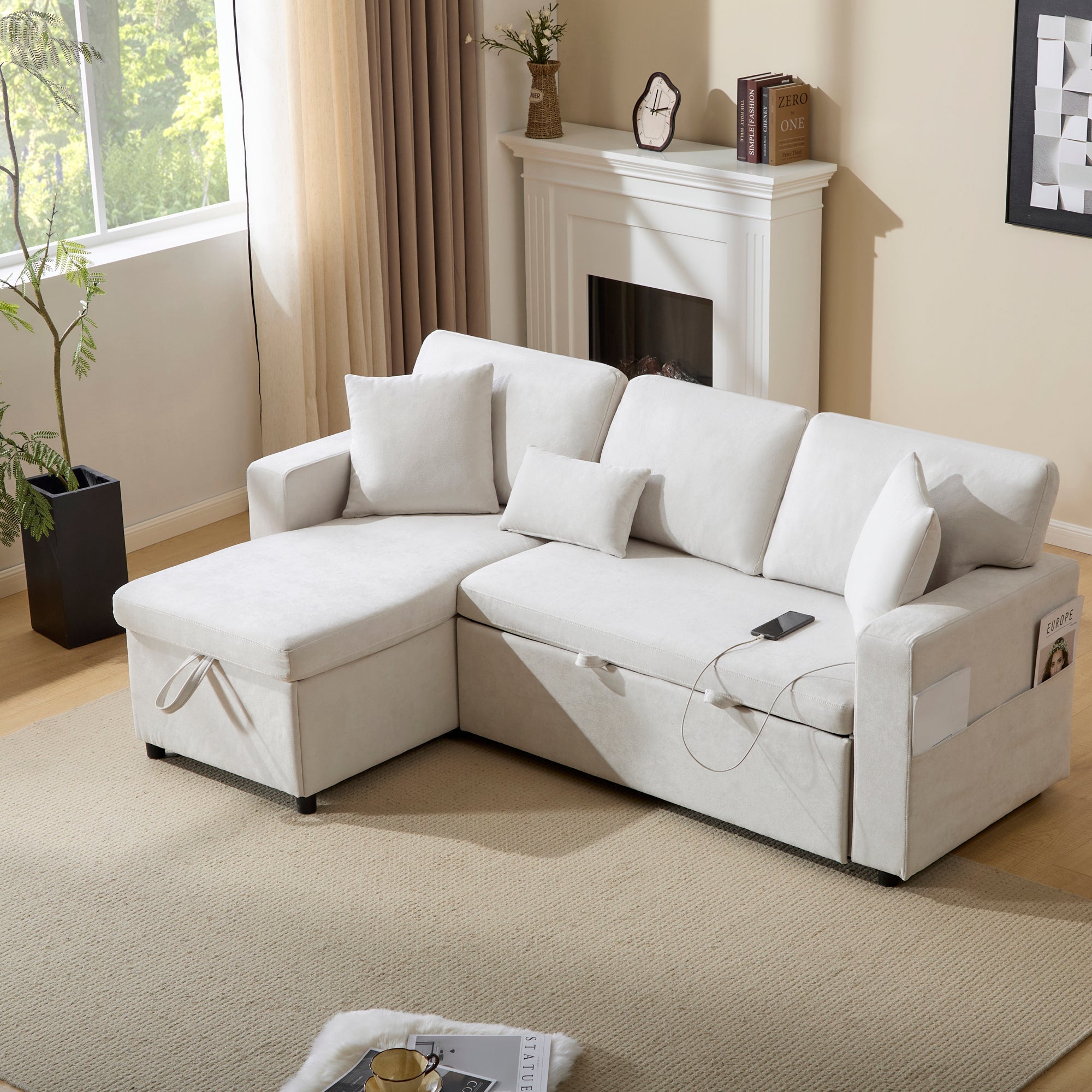 Logidon corner sofa bed L-shape extendable beige with bed box shelf