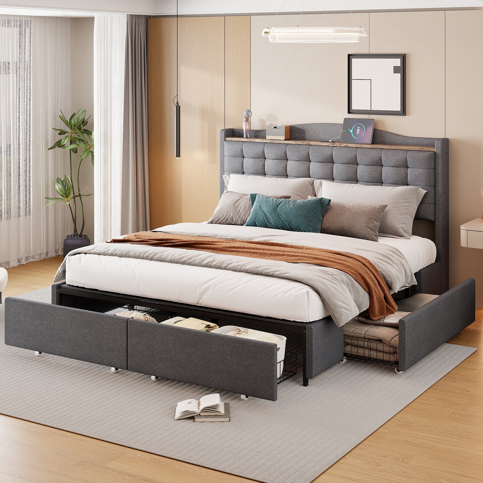 Logidon upholstered bed 160x200 cm gray with USB charging port and shelf