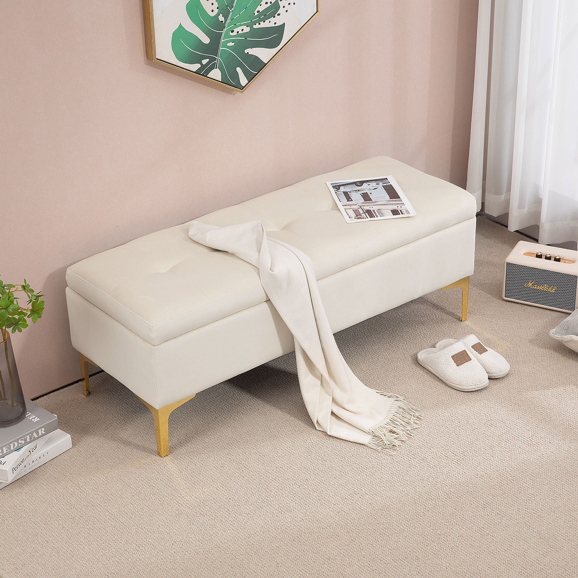 Logidon bank met opbergruimte beige fluweellook 120x44x44,5 cm