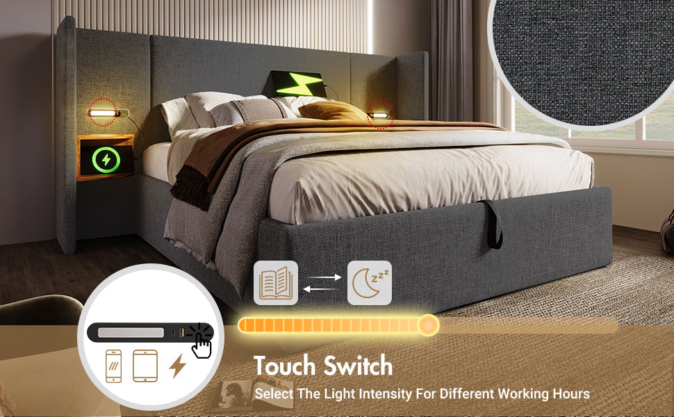 Logidon gestoffeerd bed tweepersoonsbed 180x200 grijs linnen nachtkastje USB C
