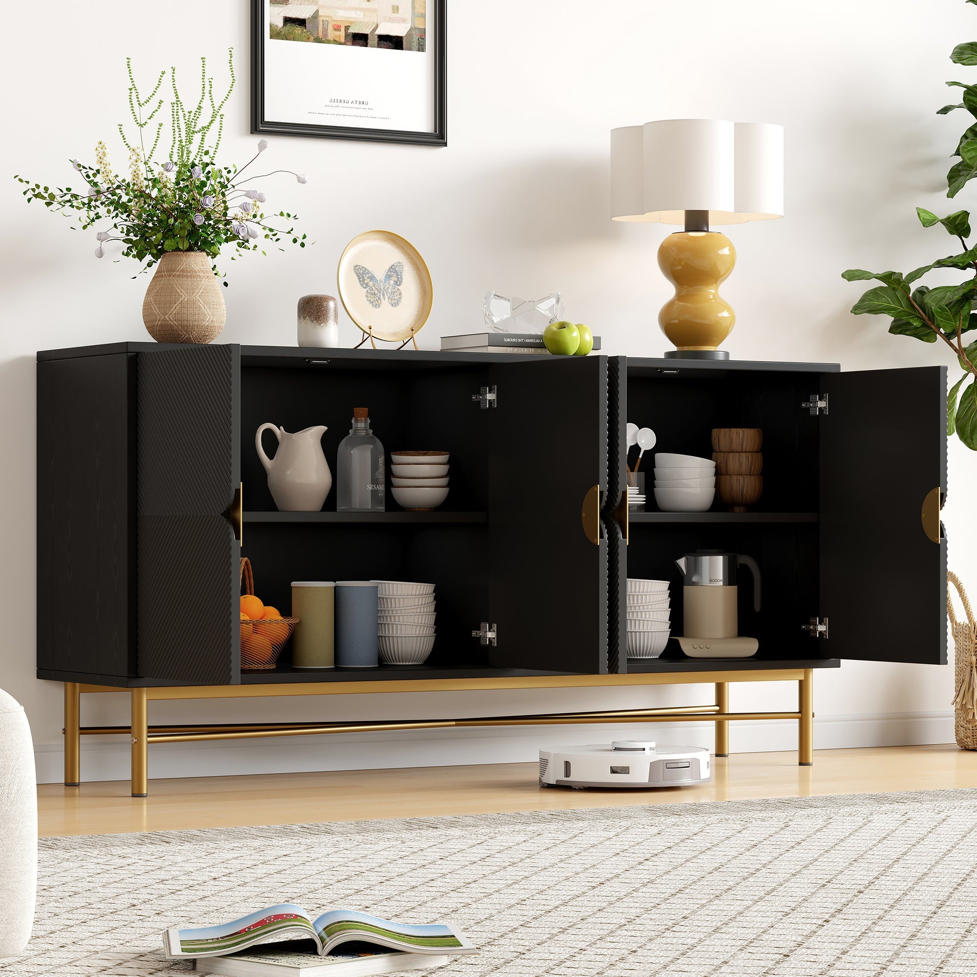 Logidon dressoir luxe structuur 160×40×82 cm zwarte hoogglans poten