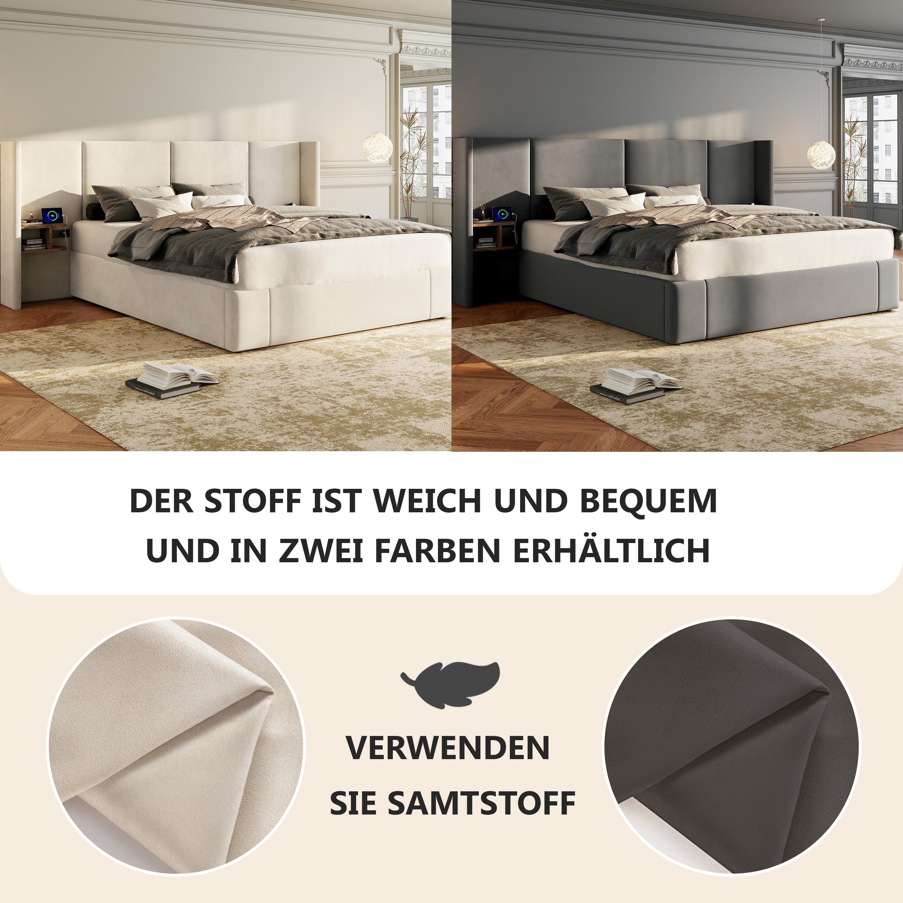 Logidon gestoffeerd bed 160x200 beige fluweel met USB-aansluitingen opbergruimte