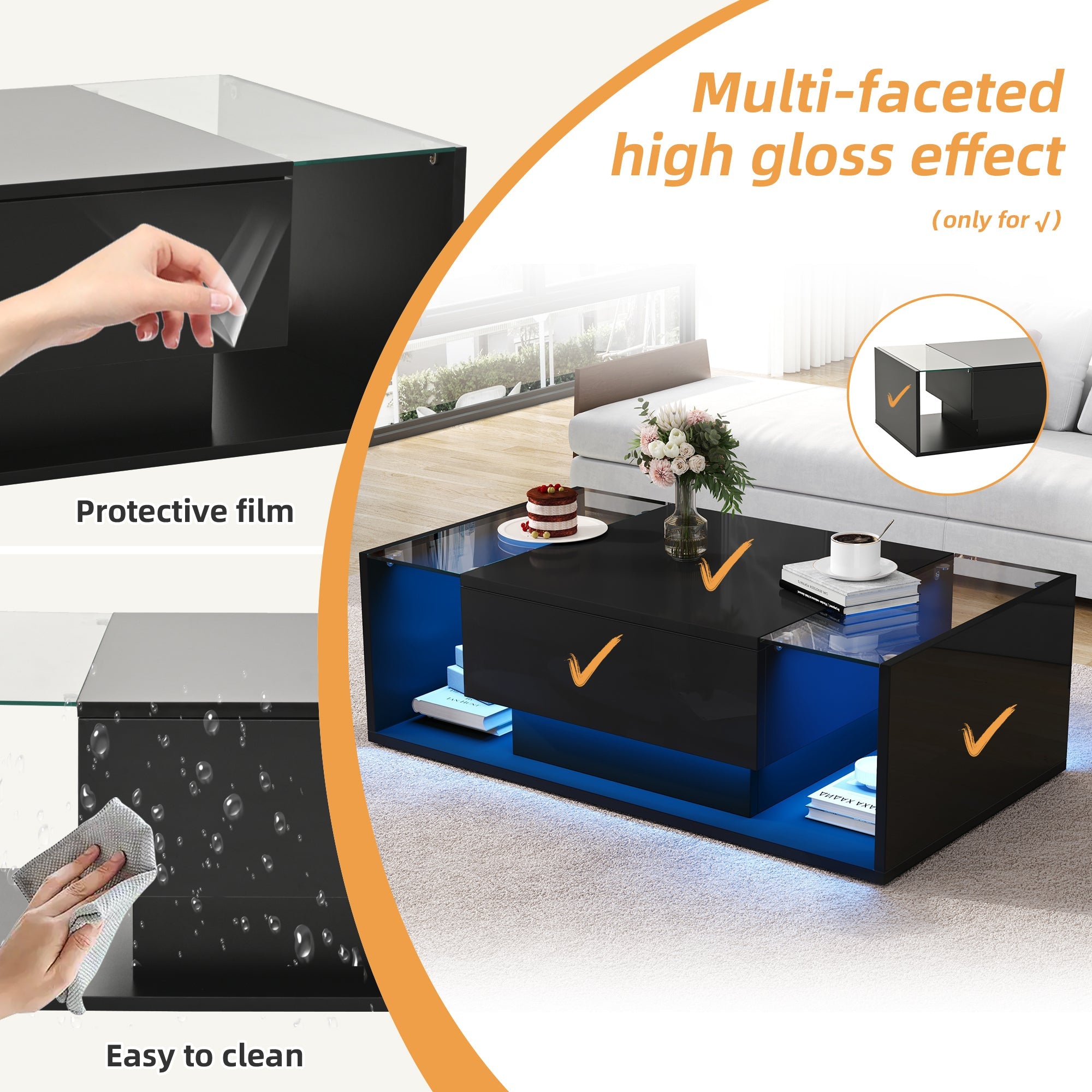 Logidon Zwarte hoogglans salontafel 100x50x31 cm met lade LED lichtstrip