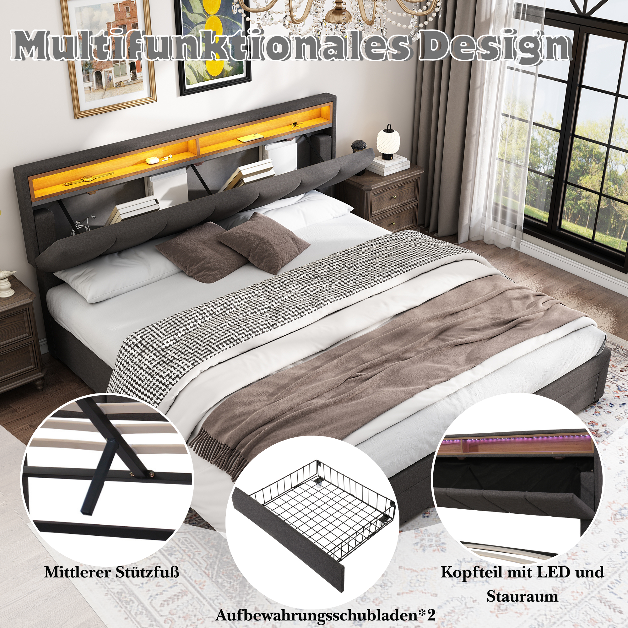 Logidon gestoffeerd bed met LED-verlichting en opbergruimte 160x200 grijs