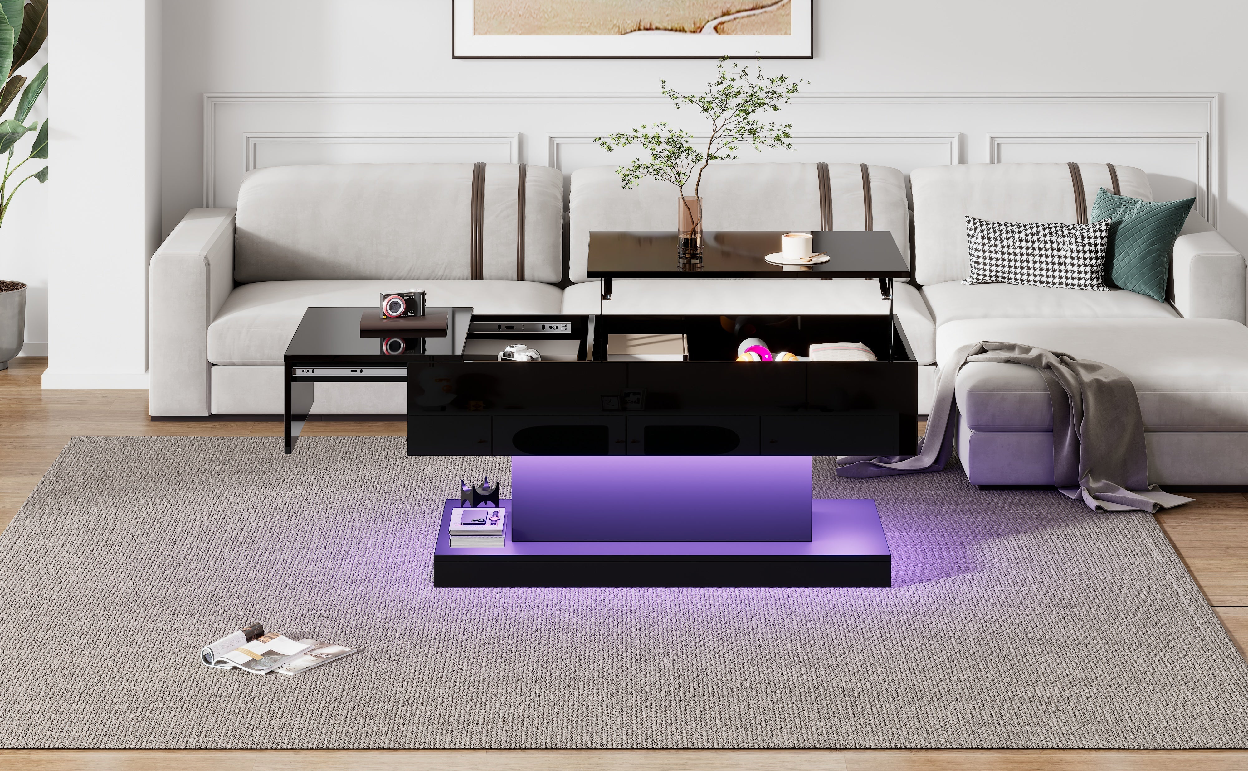 Logidon hoogglans liftsalontafel zwart 100x50x45 cm LED-verlichting