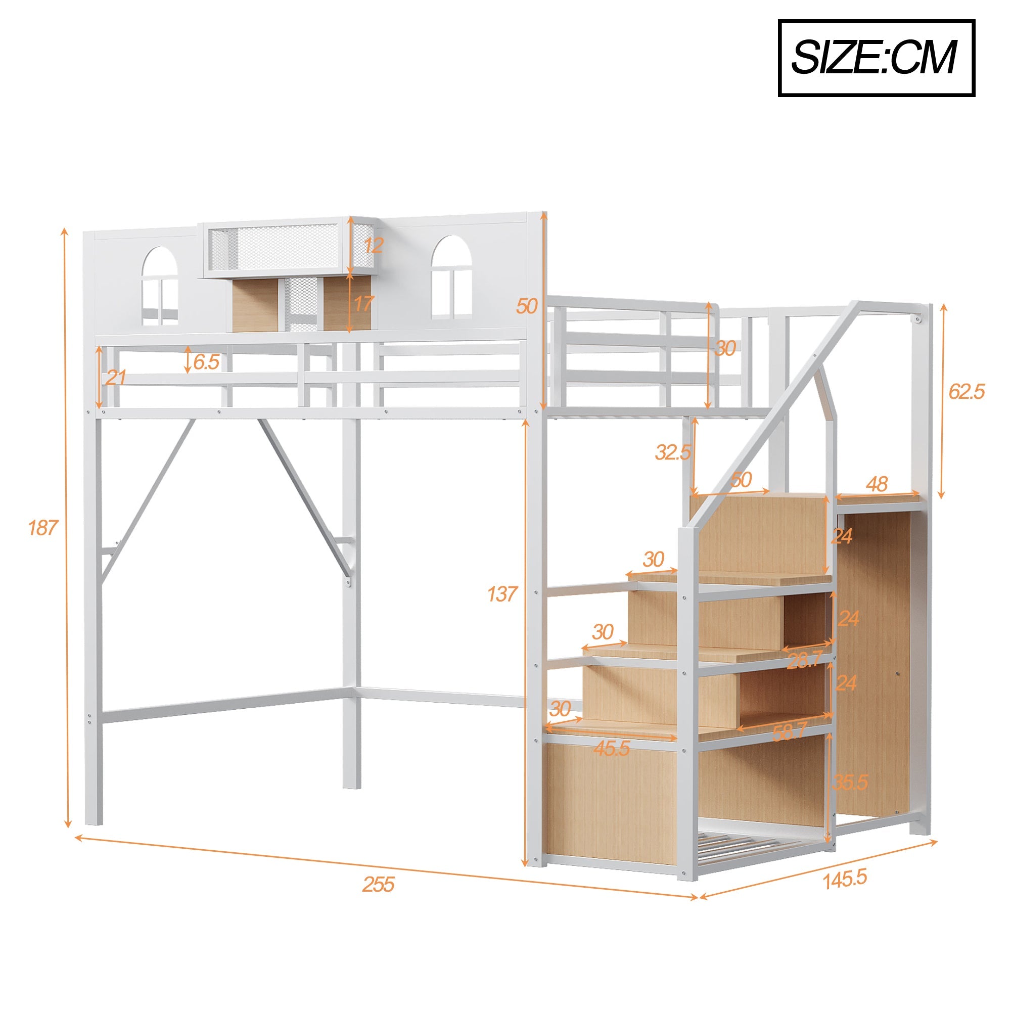 Logidon metalen hoogslaper 140x200 cm wit met opbergladder