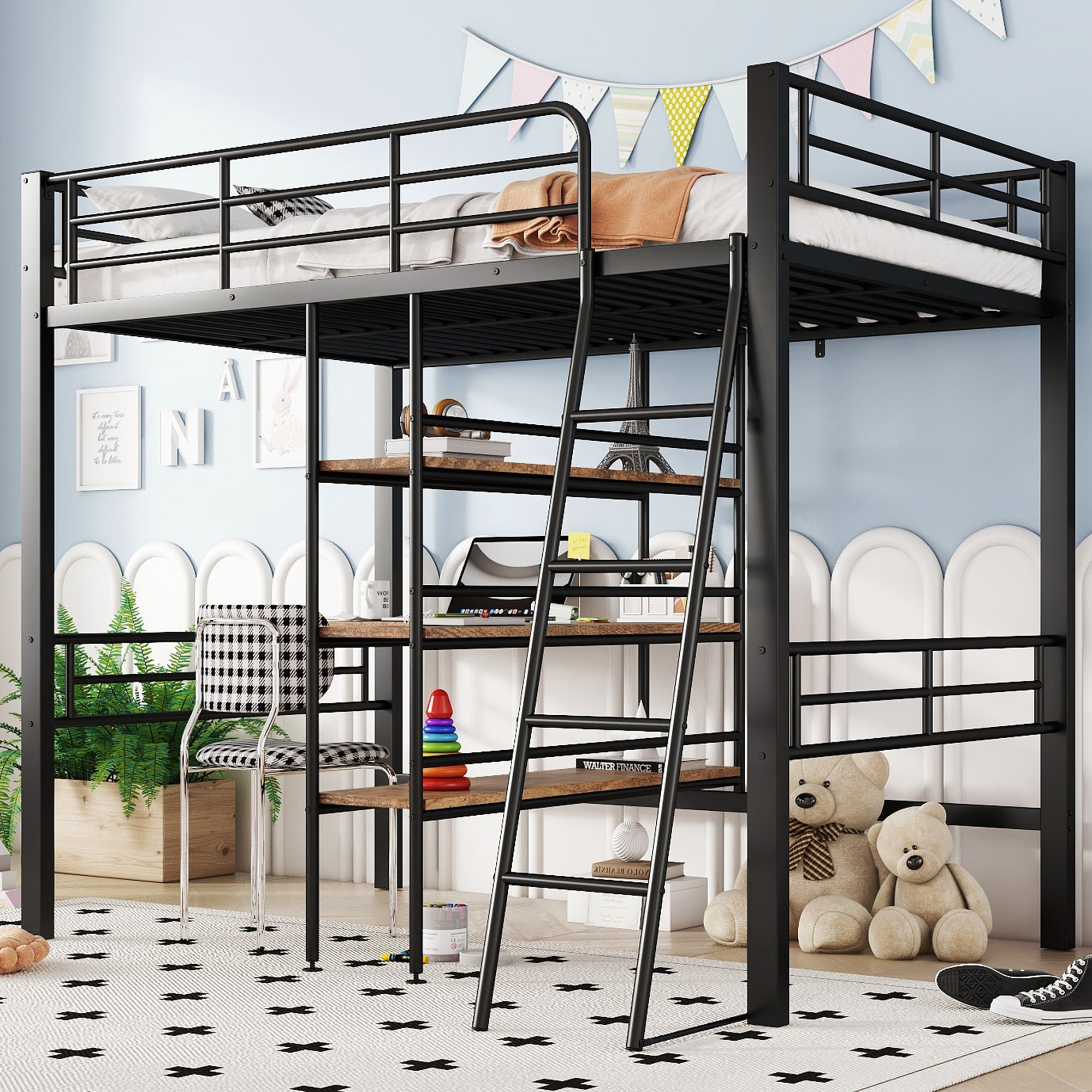 Logidon hoogslaper 90x200 cm met bureau, metalen frame zwart
