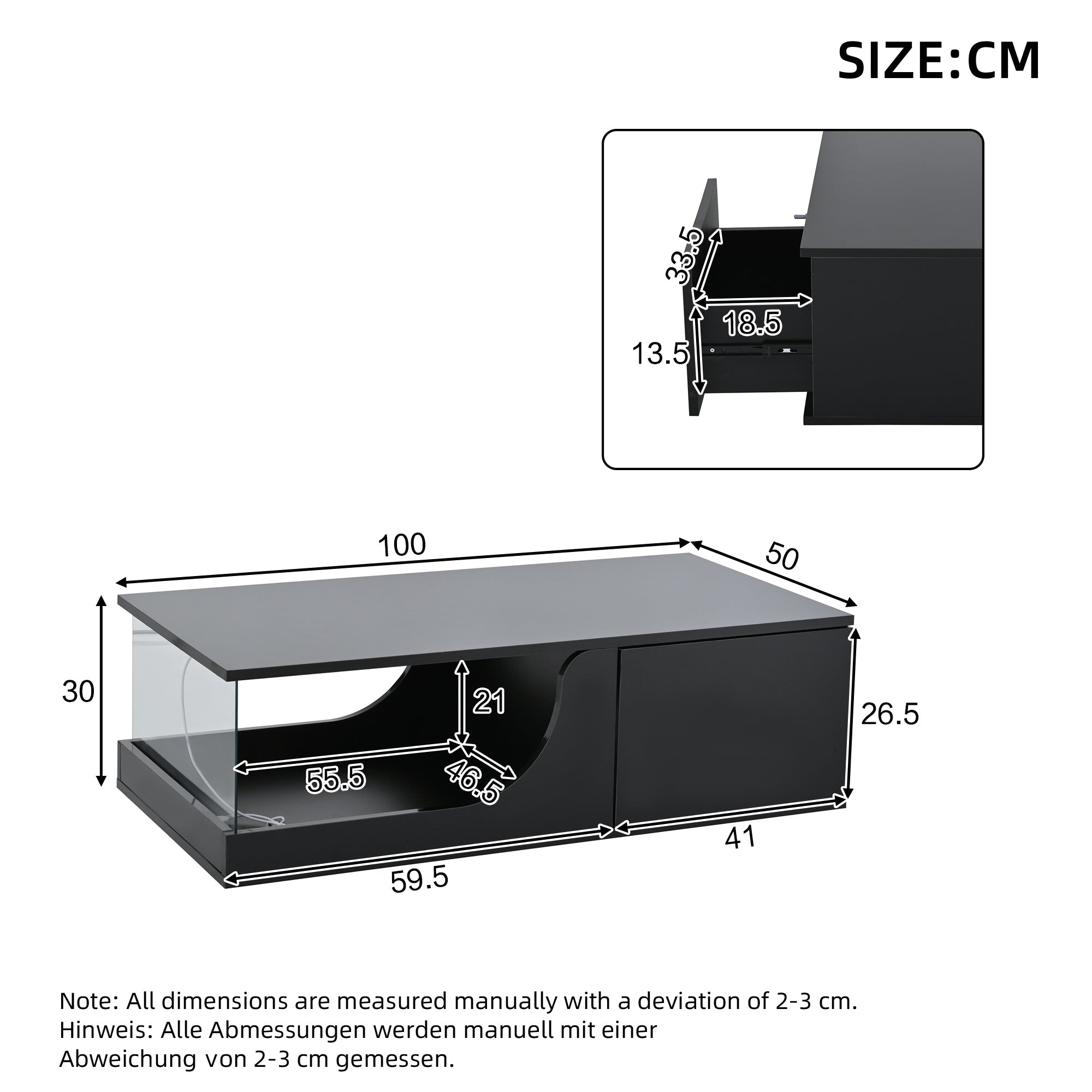 Logidon Zwarte hoogglans salontafel 100x50x30 cm LED-verlichting